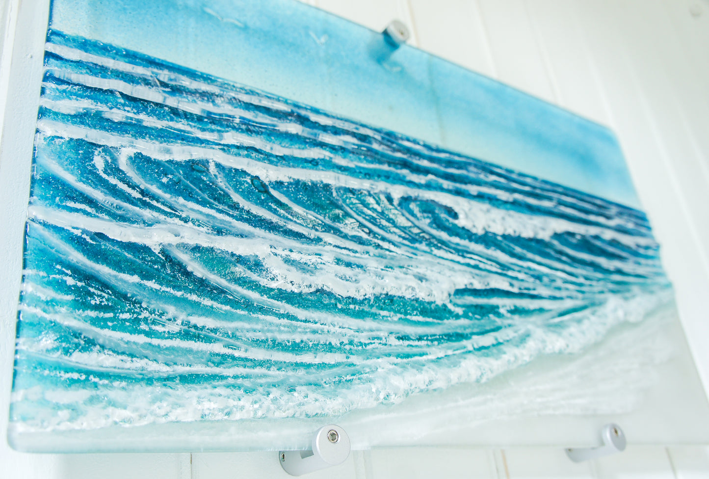 wave sculpture sea fused glass art blue teal wall art