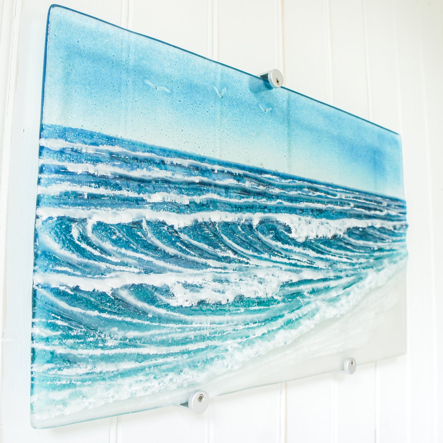 wave sculpture sea fused glass art blue teal wall art
