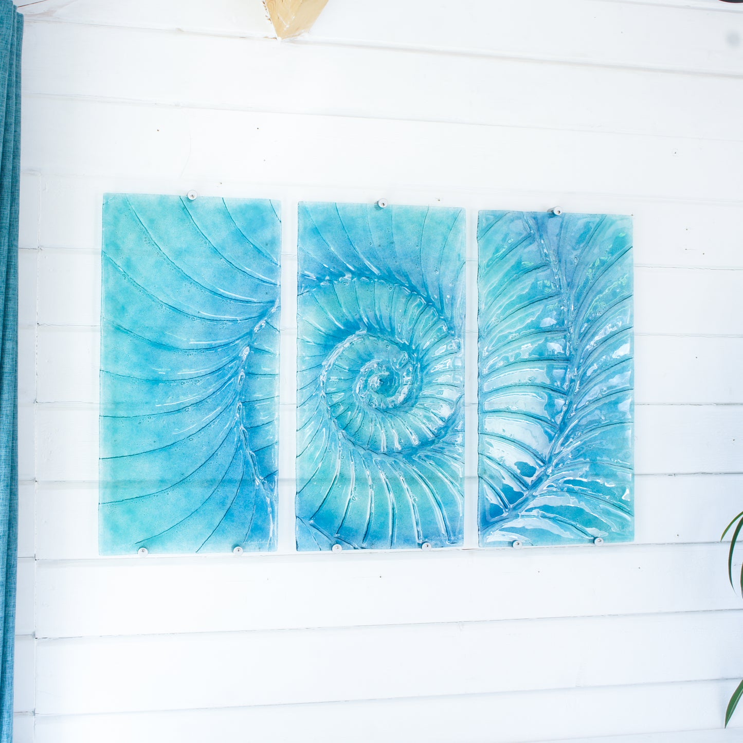 Triptych Ammonite Wall Art OVERALL 100x60cm (40x23") incl. gaps and 9 fixings - Blue/Turquoise/Midnight Blue - Each Panel 30x60cm (12x23") Large Portrait Fossil Fused Glass Wall Art