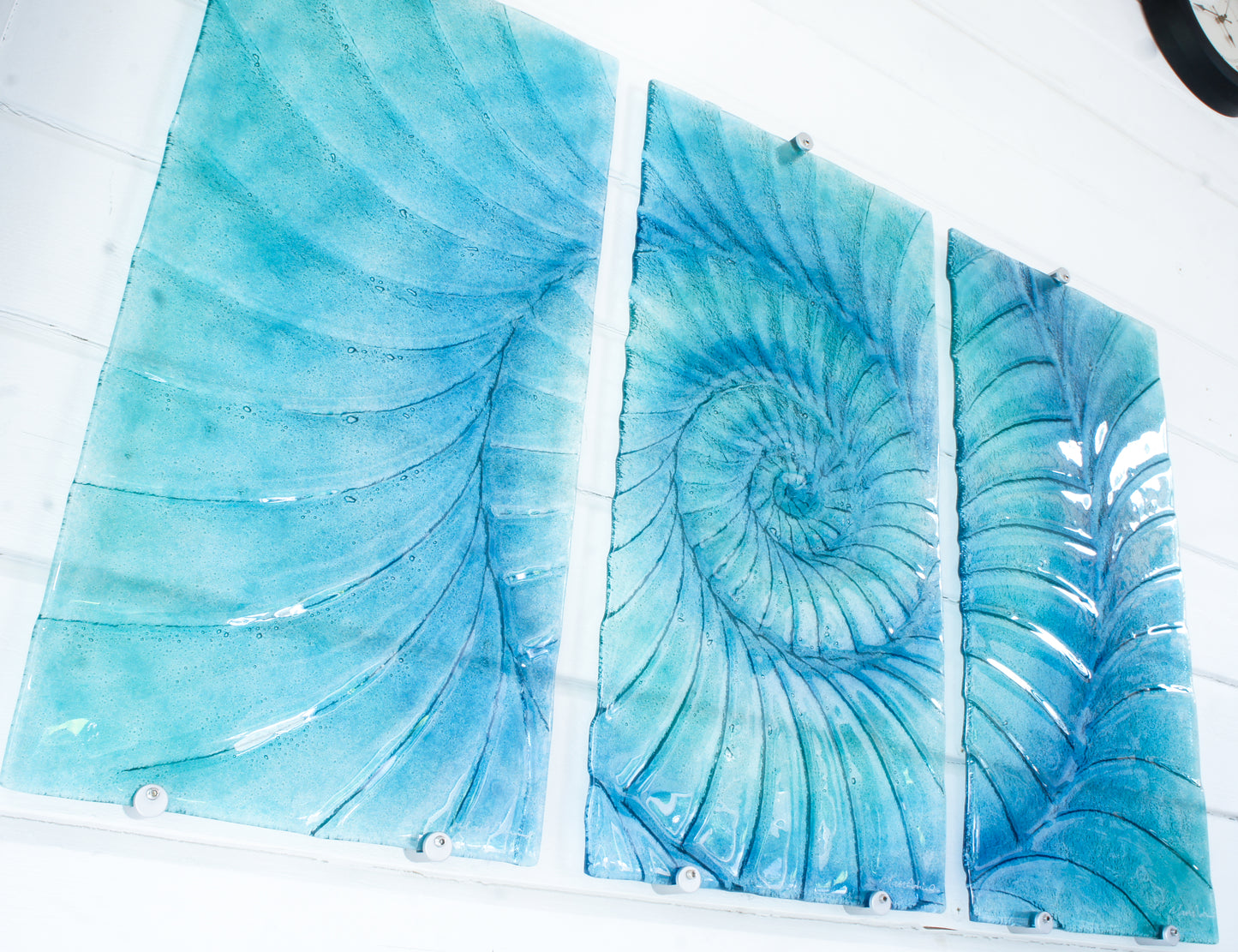Triptych Ammonite Wall Art OVERALL 100x60cm (40x23") incl. gaps and 9 fixings - Blue/Turquoise/Midnight Blue - Each Panel 30x60cm (12x23") Large Portrait Fossil Fused Glass Wall Art