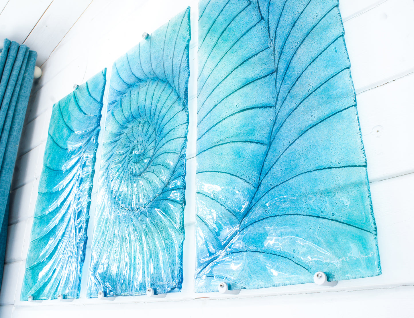 Triptych Ammonite Wall Art OVERALL 100x60cm (40x23") incl. gaps and 9 fixings - Blue/Turquoise/Midnight Blue - Each Panel 30x60cm (12x23") Large Portrait Fossil Fused Glass Wall Art
