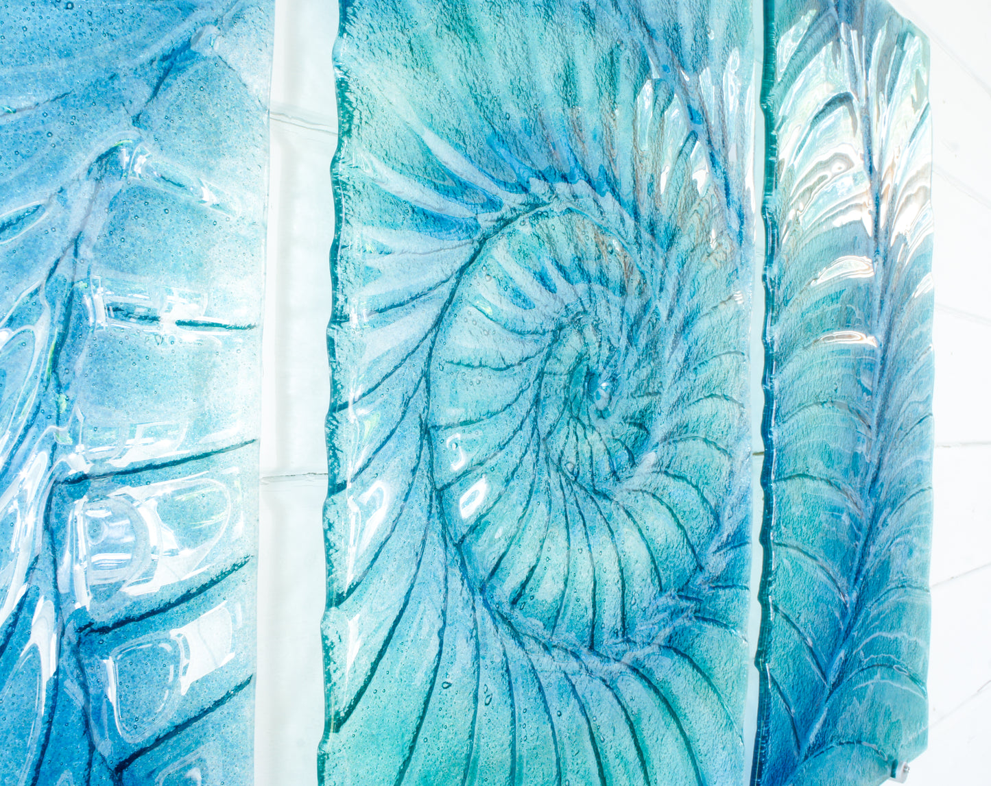 Triptych Ammonite Wall Art OVERALL 100x60cm (40x23") incl. gaps and 9 fixings - Blue/Turquoise/Midnight Blue - Each Panel 30x60cm (12x23") Large Portrait Fossil Fused Glass Wall Art