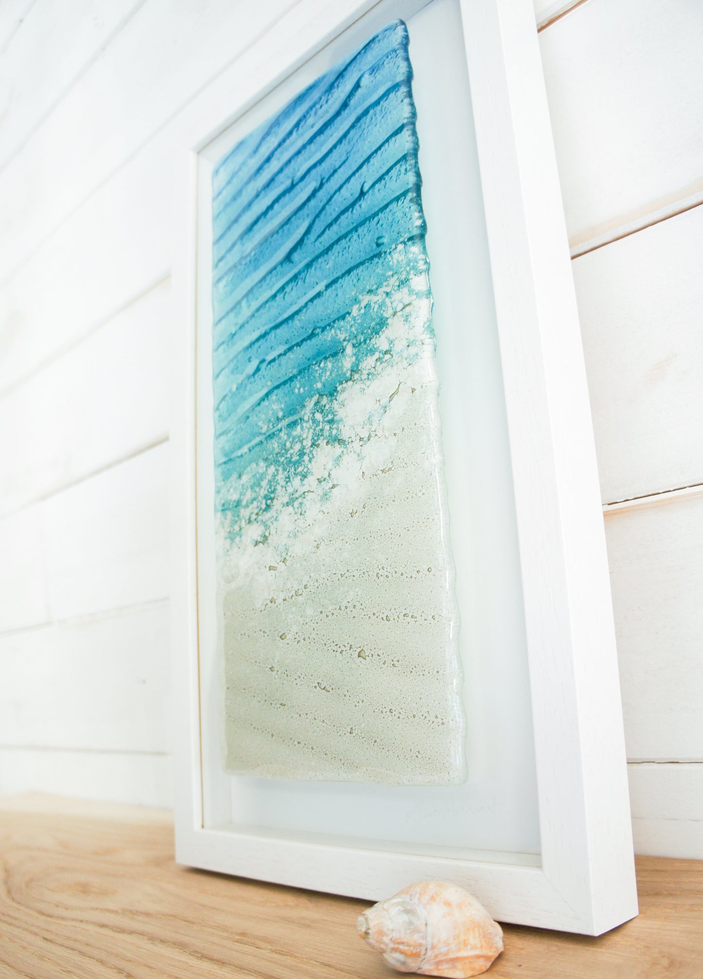 portrait beach teal fused glass wall art frame sea glass