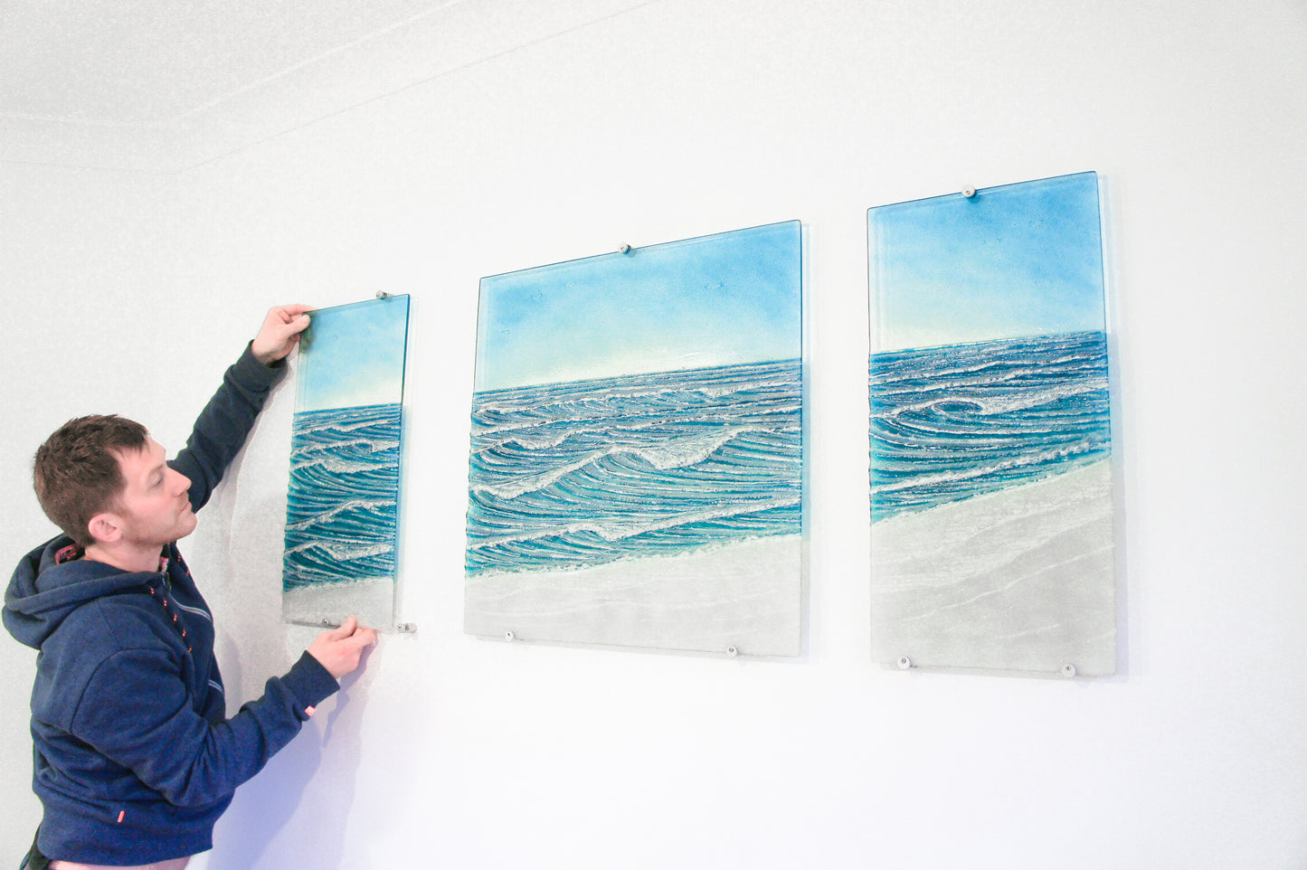 triptych fused glass wave wall art extra large 3D textured