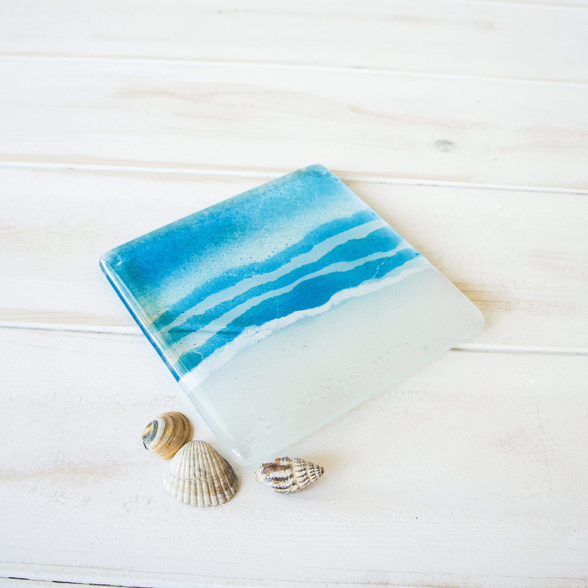 blue aqua teal turquoise beach fused glass square coaster