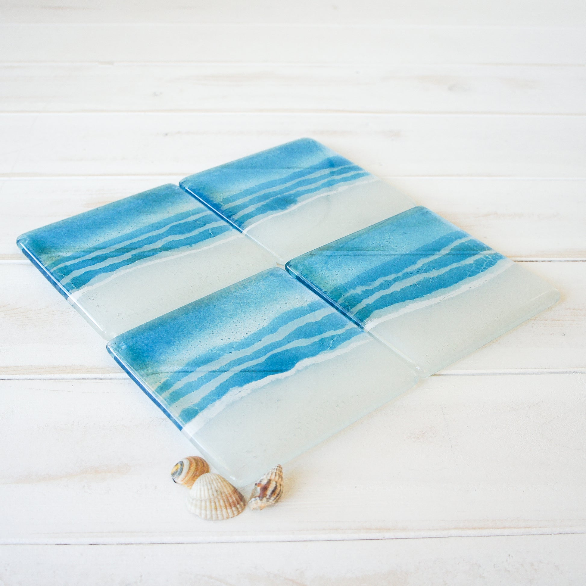 blue aqua teal turquoise beach fused glass square coaster