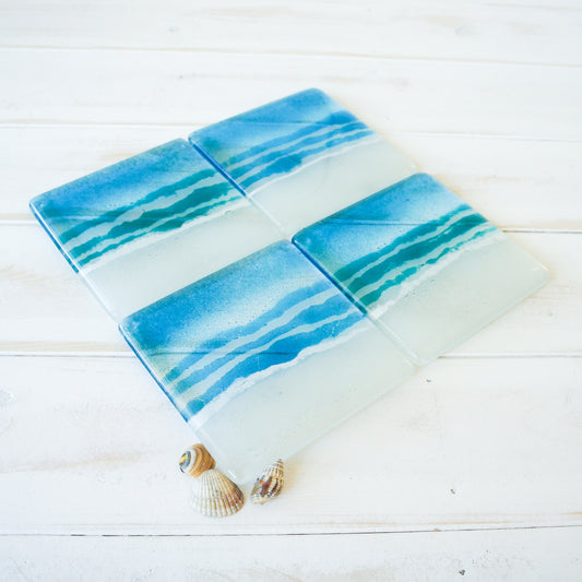 Blue or Turquoise Beach Glass Coaster 10cm - set of 2, 4 or 6 coasters