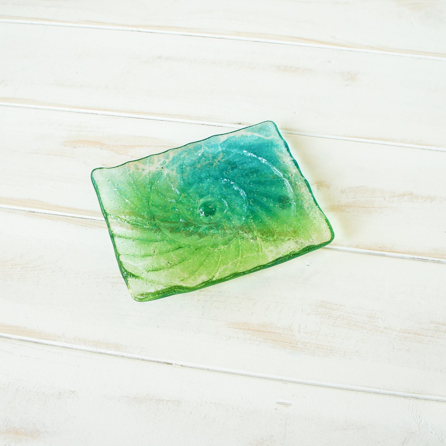 ammonite teal and lime green handmade fused glass soap dish