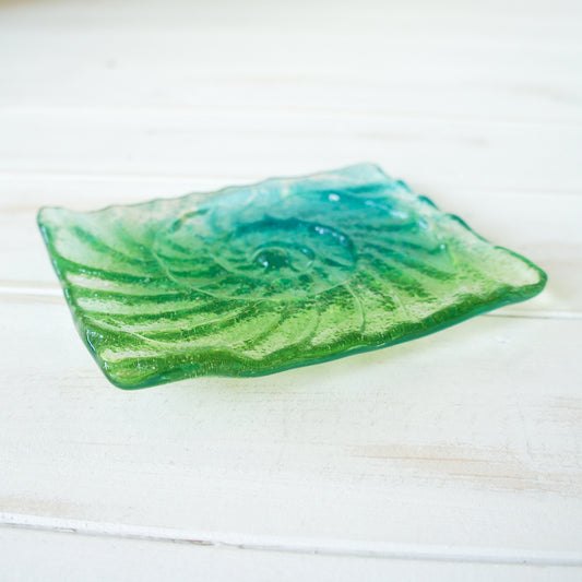 ammonite teal and lime green handmade fused glass soap dish