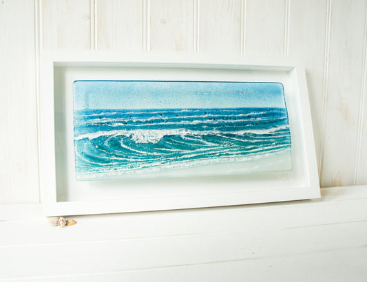 landscape wave fused glass frame turquoise blue