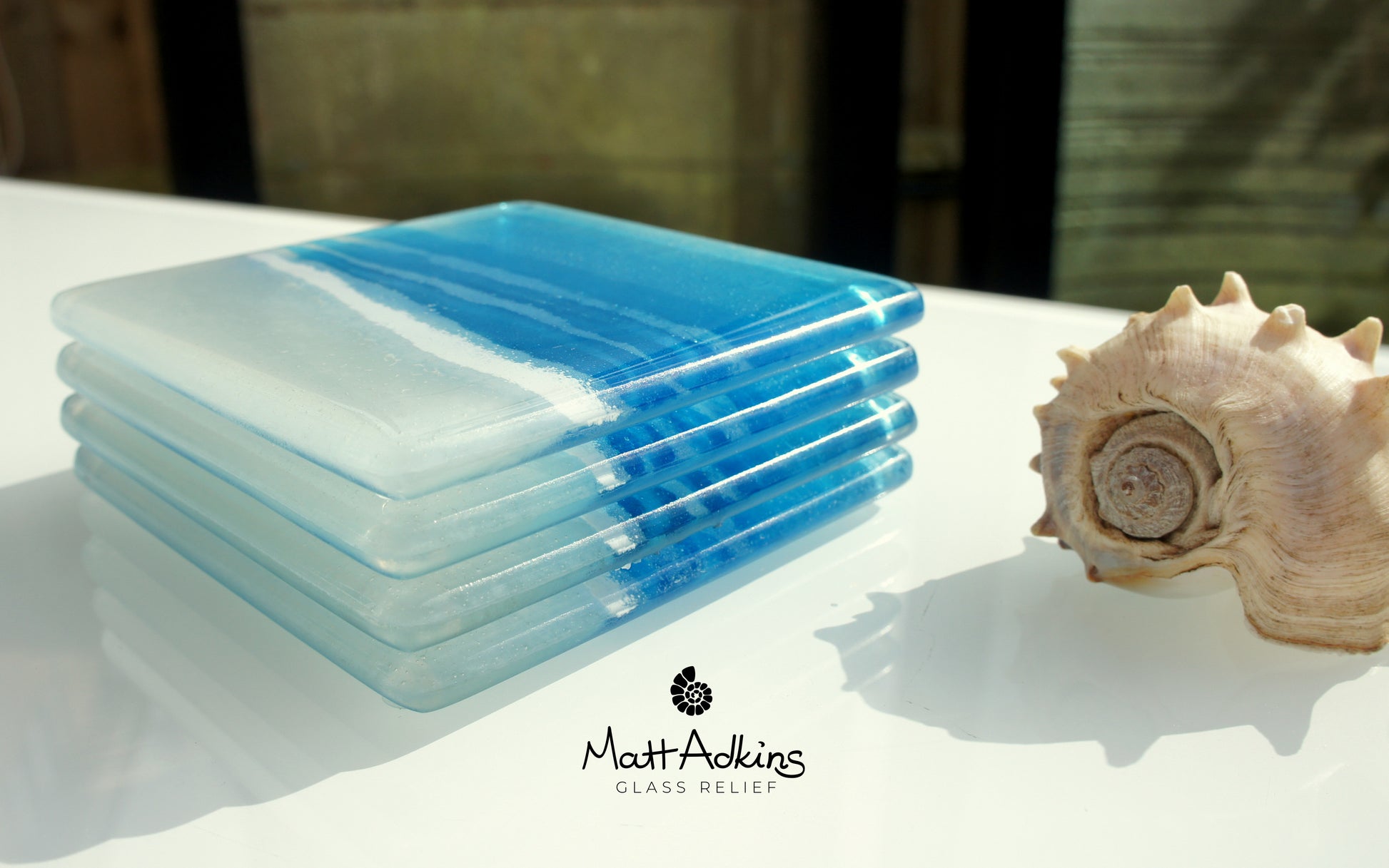 blue aqua beach fused glass coasters square