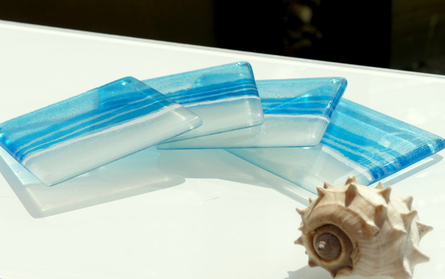 blue aqua beach fused glass coasters square