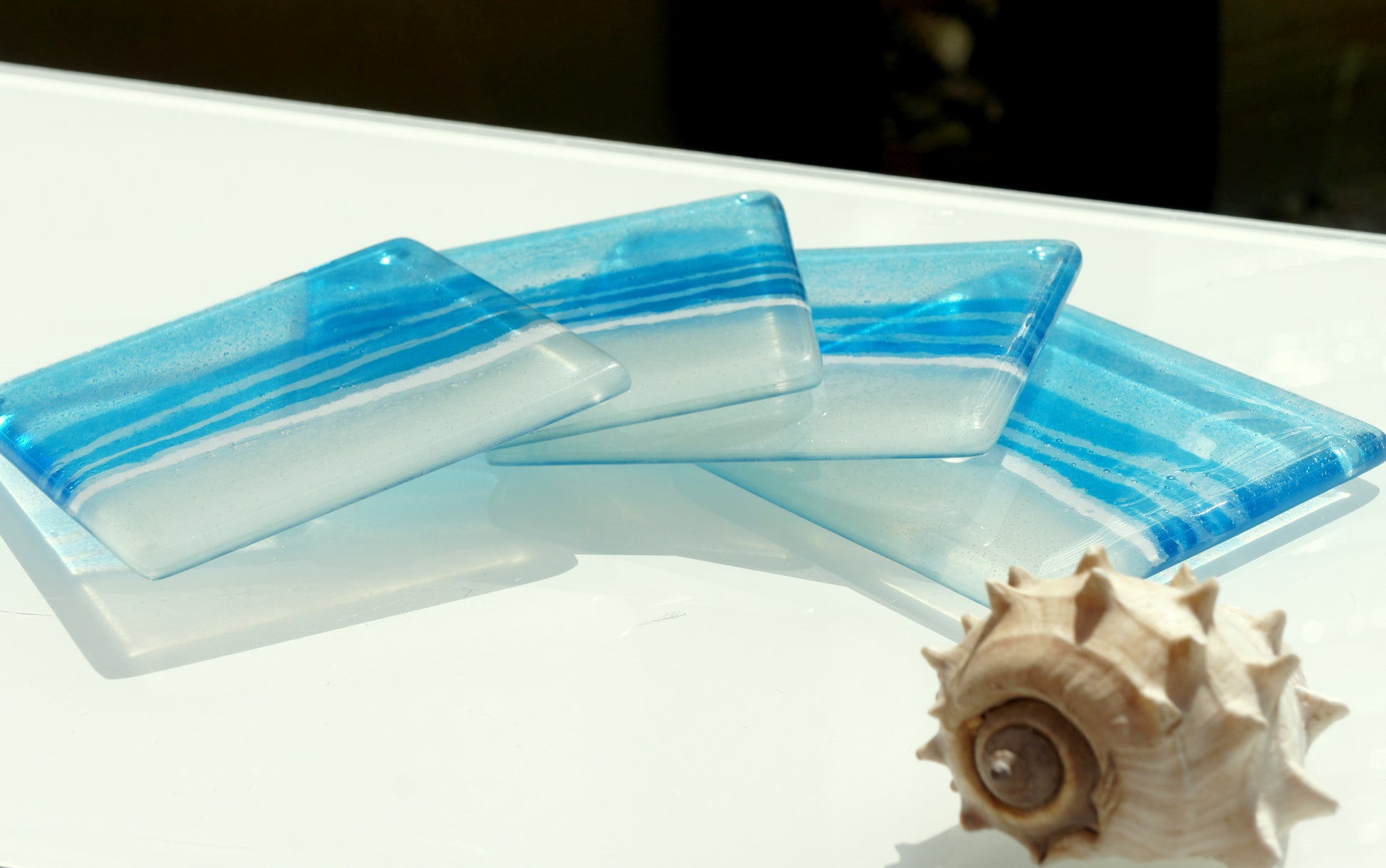 blue aqua beach fused glass coasters square