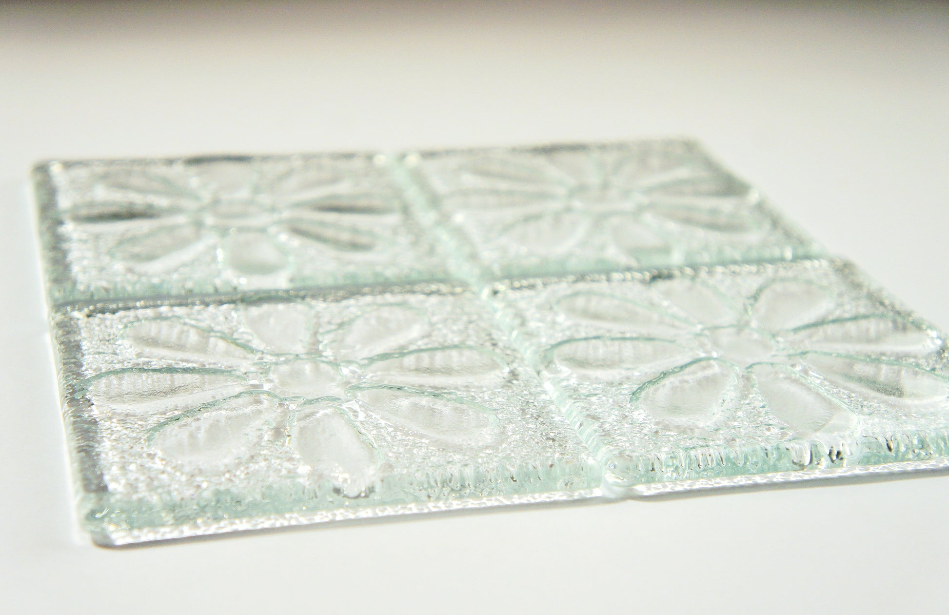 set of daisy flower fused glass clear square coasters 10cm with ribbon
