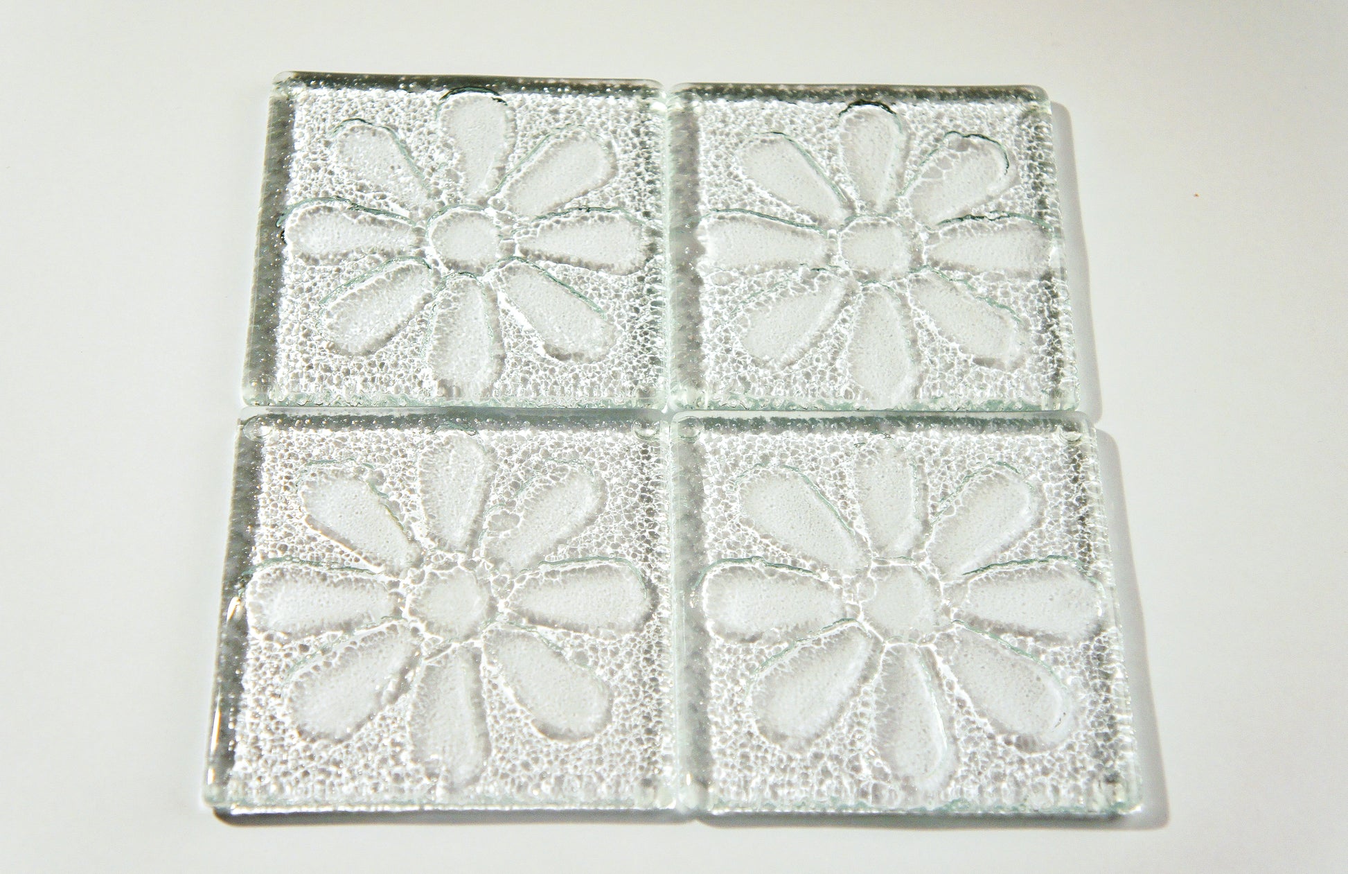 set of daisy flower fused glass clear square coasters 10cm with ribbon