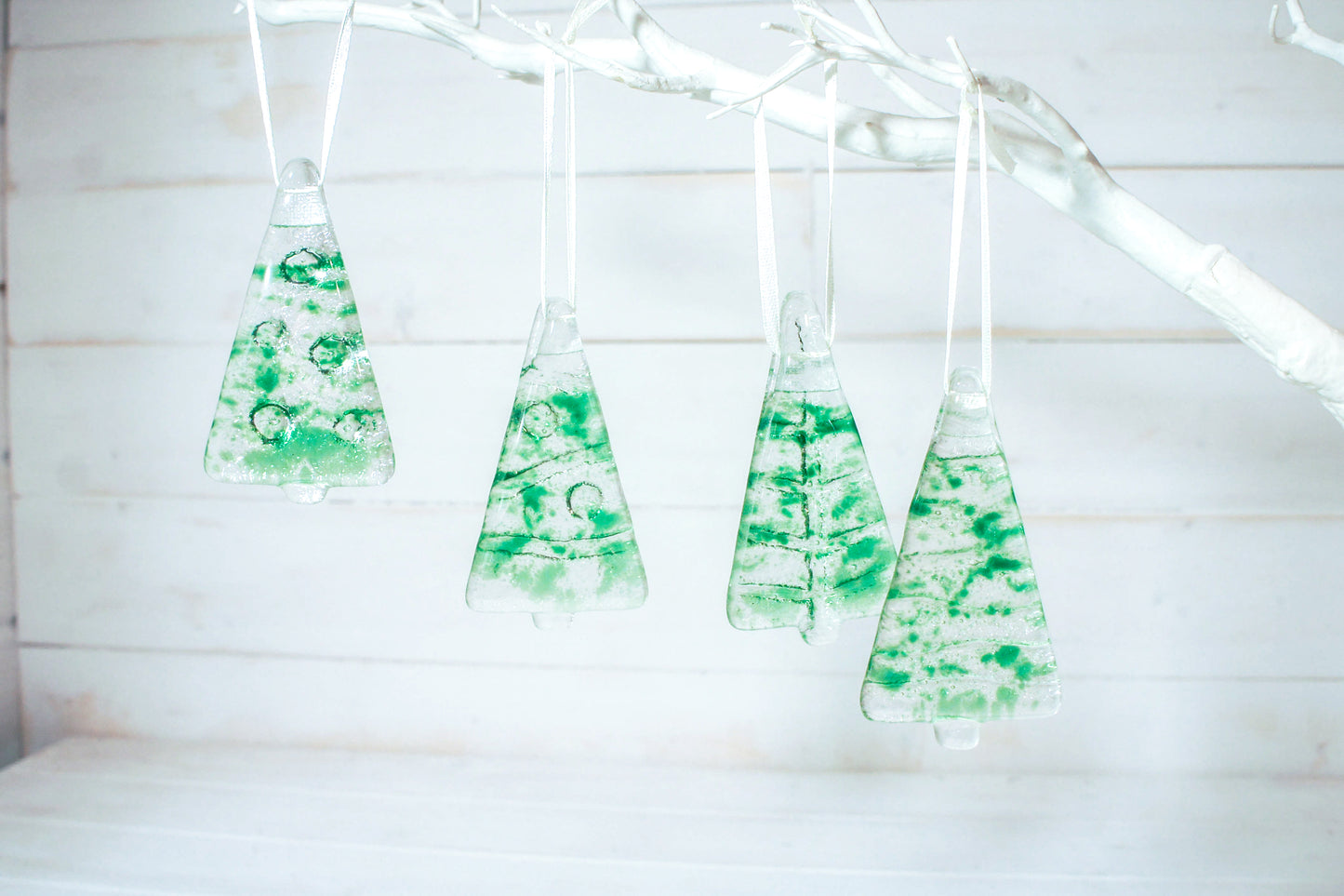 3 to 6 Mini Green Glass Trees - Hanging - 8cm(3") with ribbon and organza bags