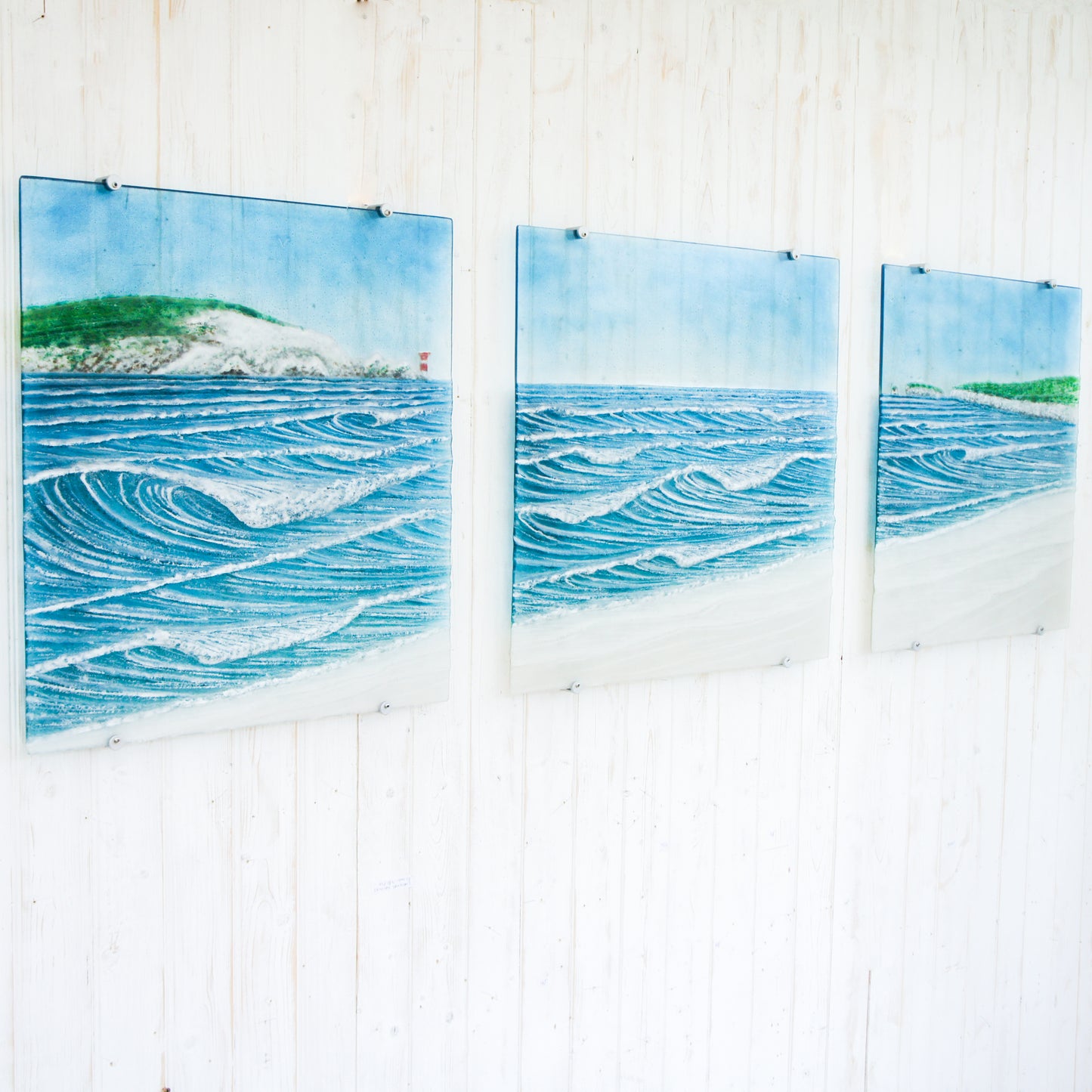 XL fused glass triptych wall art isle of wight & Old Harry's Rock