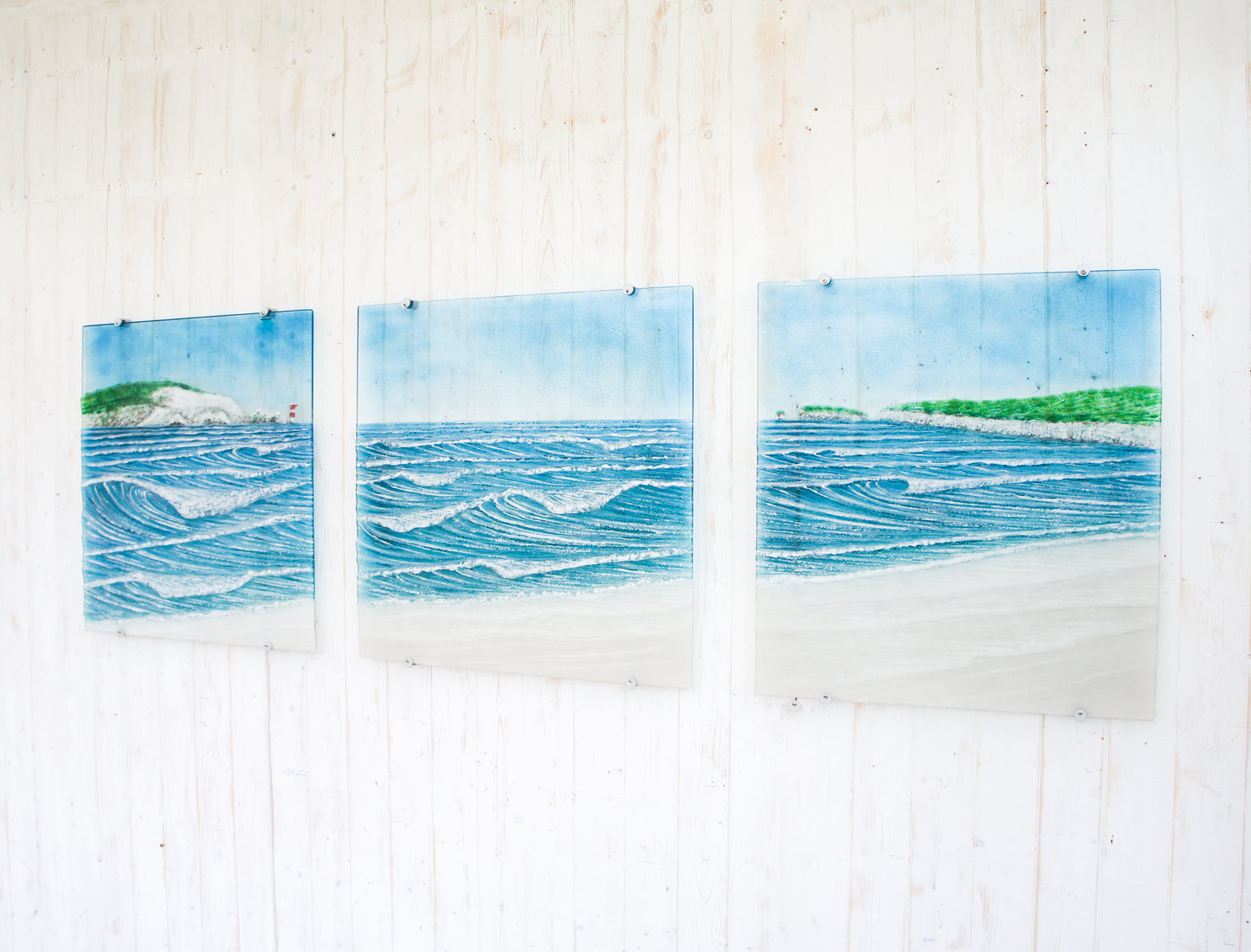 XL fused glass triptych wall art isle of wight & Old Harry's Rock
