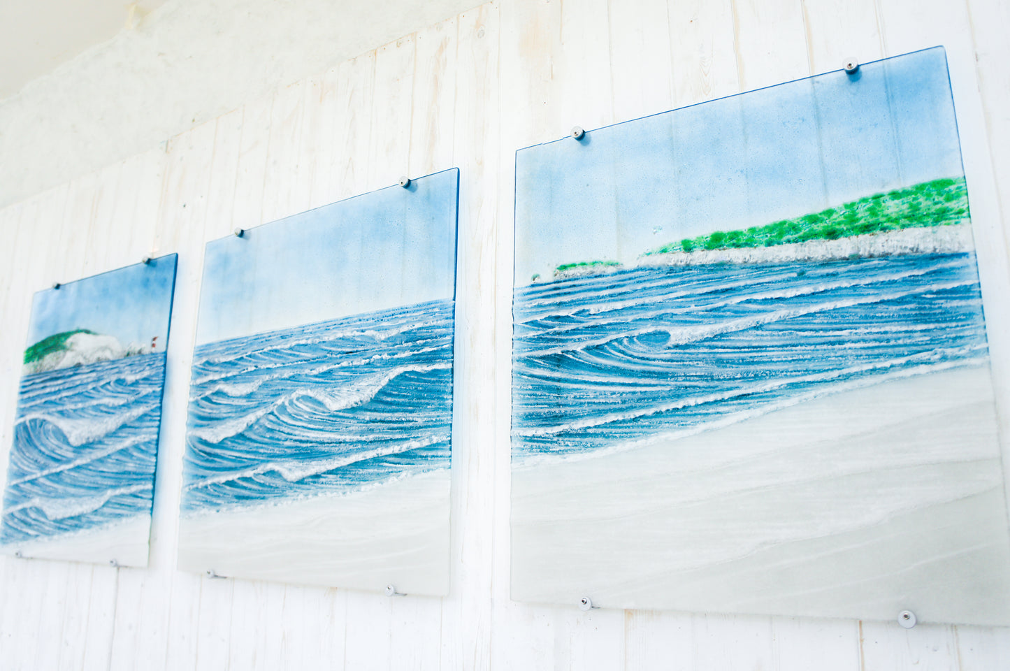 XL fused glass triptych wall art isle of wight & Old Harry's Rock