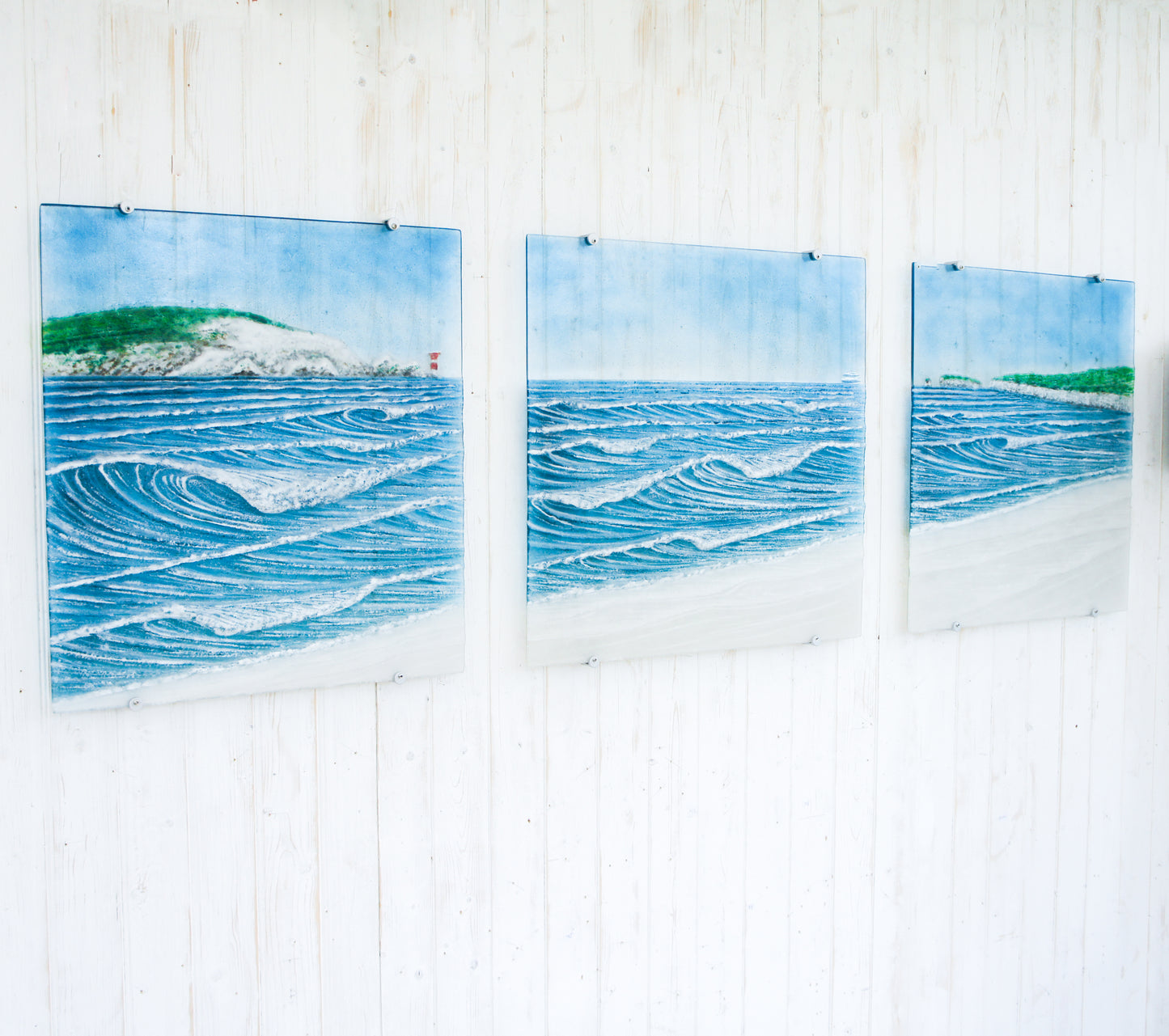 XL fused glass triptych wall art isle of wight & Old Harry's Rock