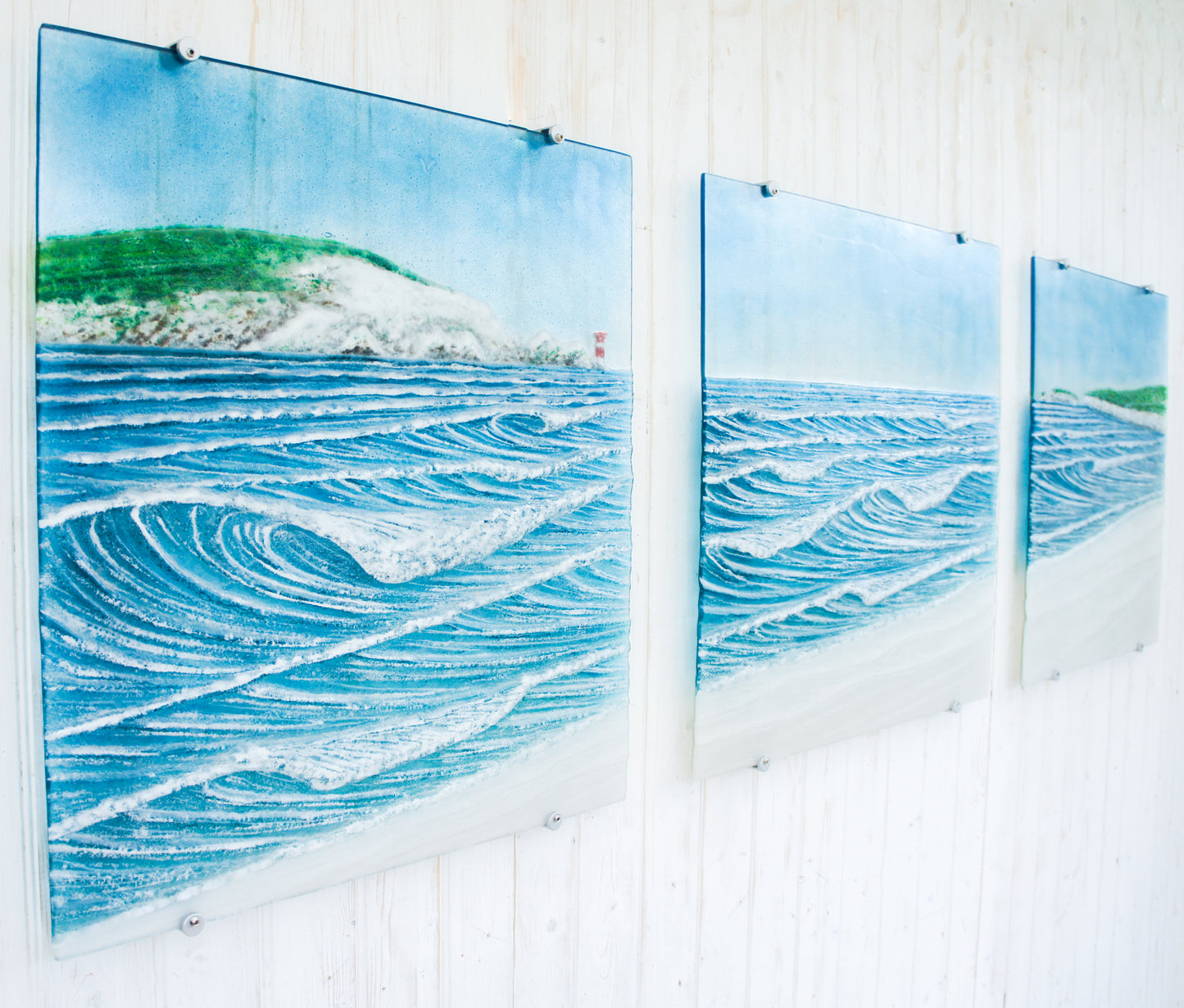 XL fused glass triptych wall art isle of wight & Old Harry's Rock