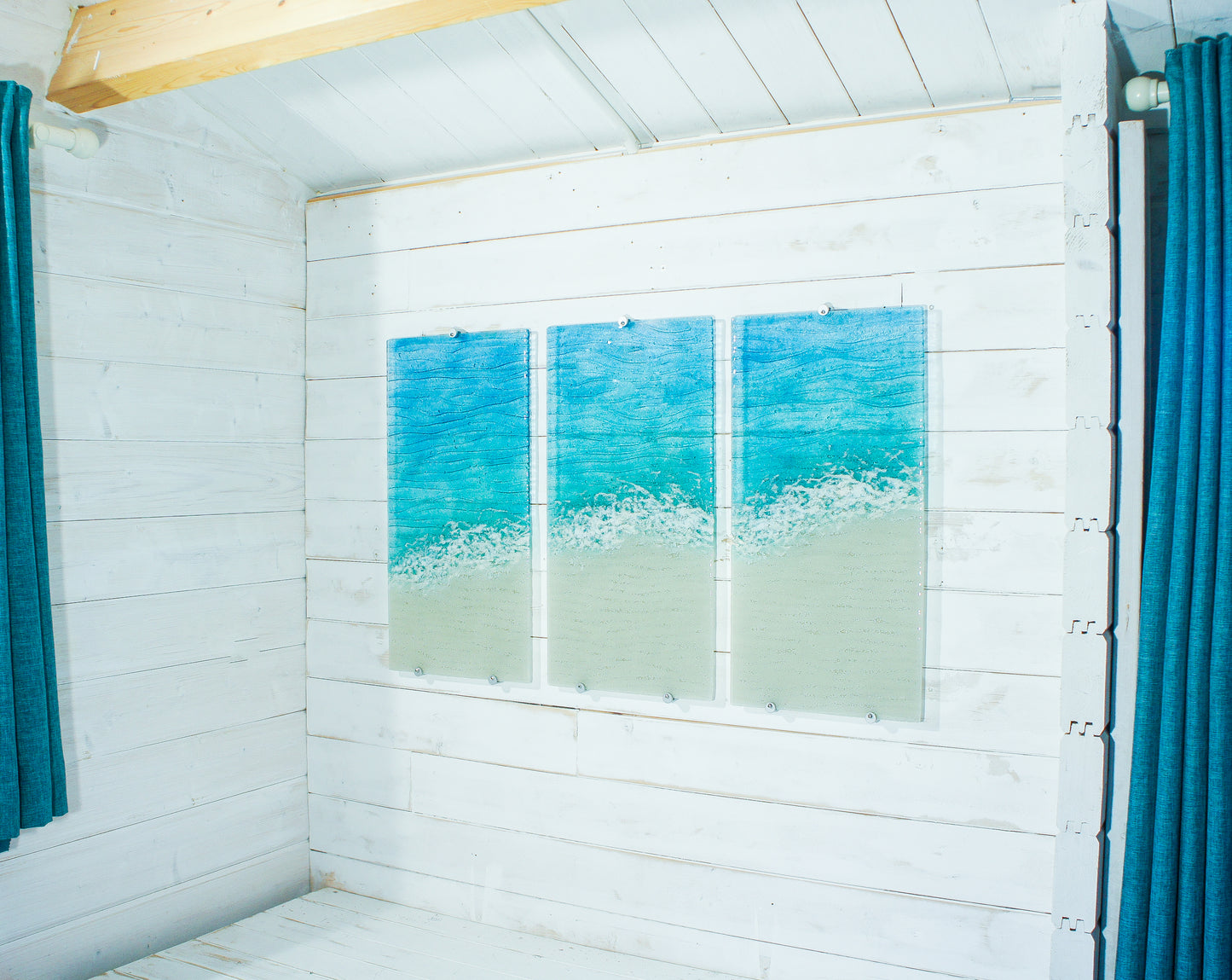 XL triptych fused glass coastal seabed wall art 3d textured