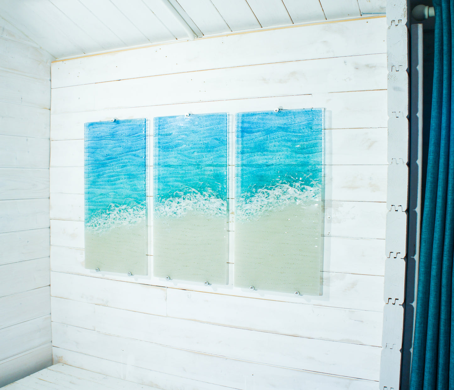 XL triptych fused glass coastal seabed wall art 3d textured