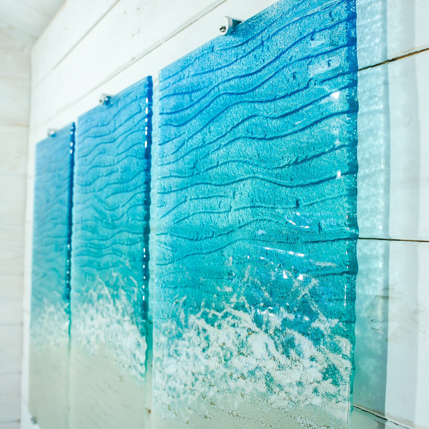 XL triptych fused glass coastal seabed wall art 3d textured