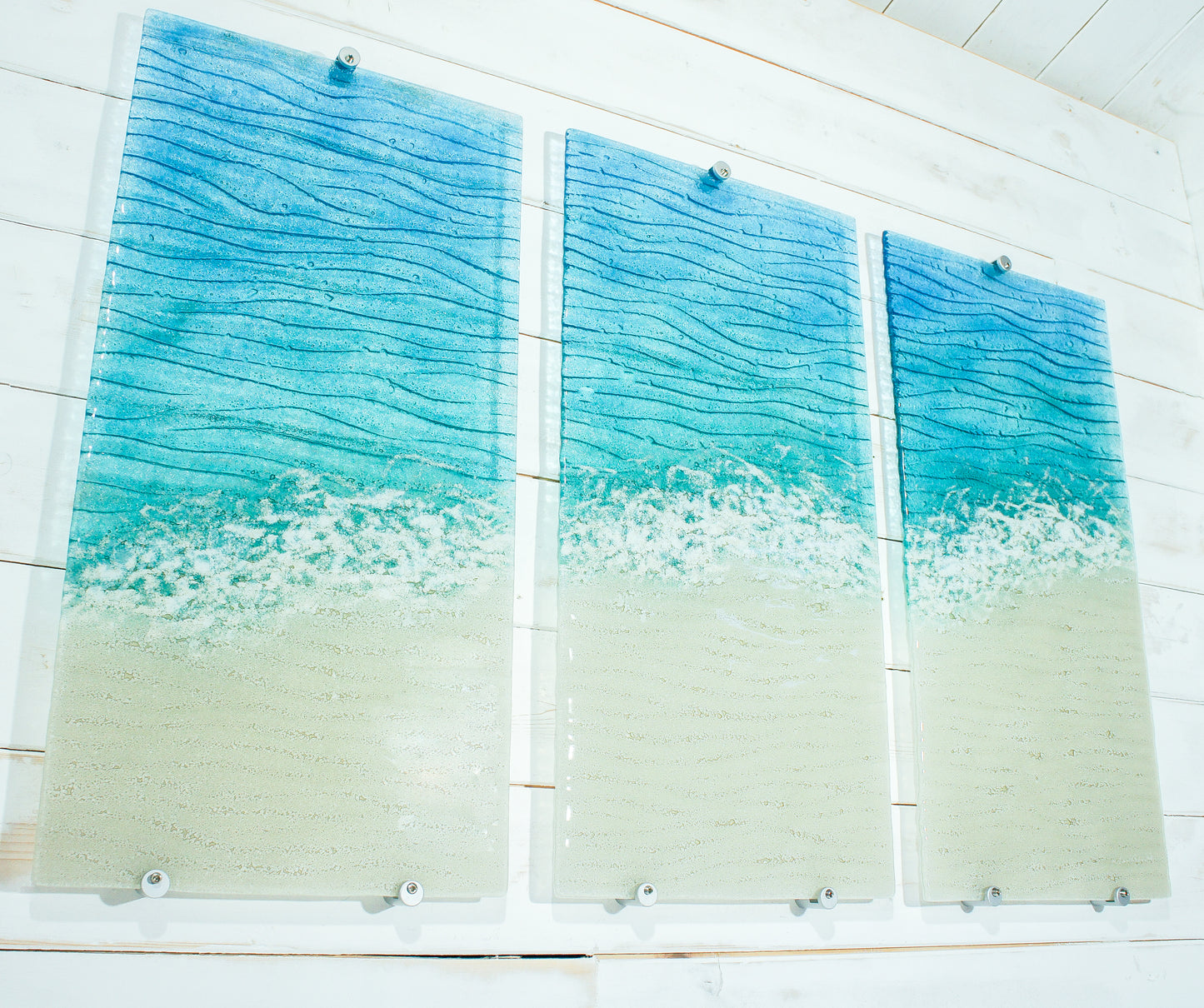 XL triptych fused glass coastal seabed wall art 3d textured