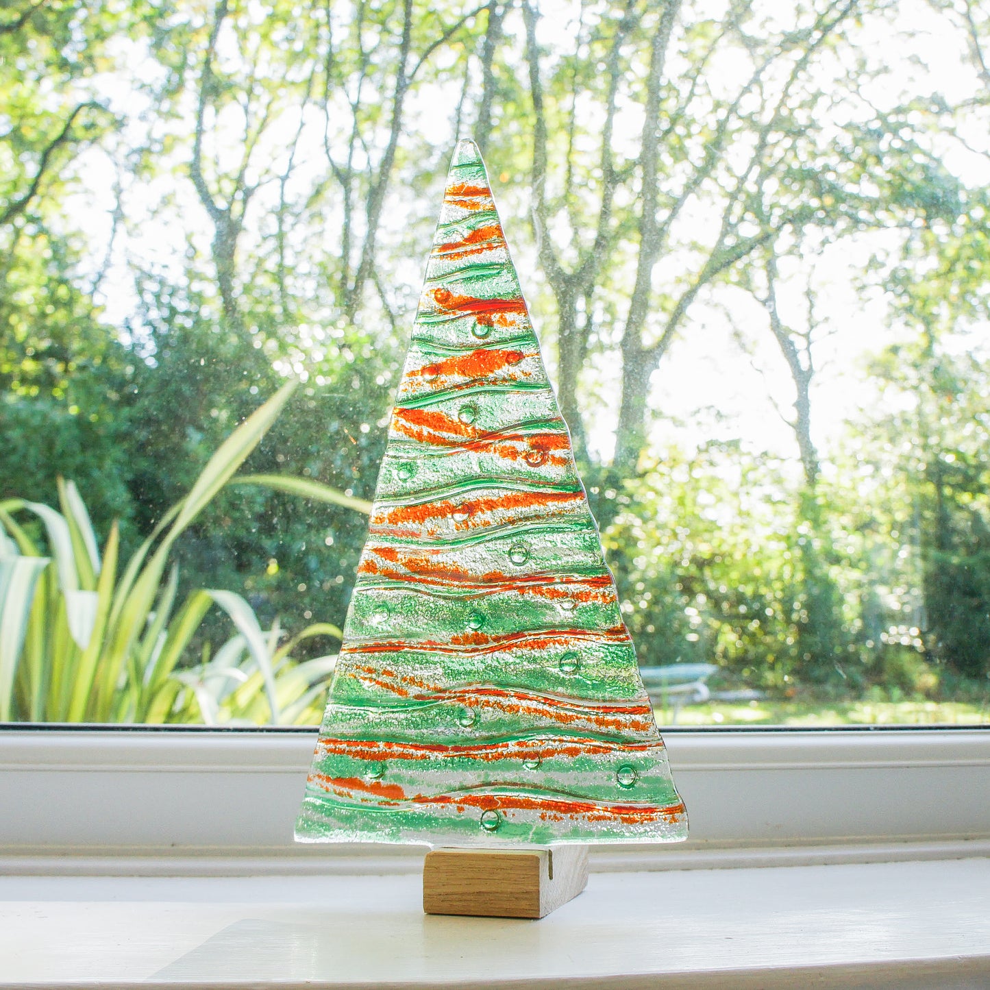 XL Green&Red Fused Glass Christmas Tree Decoration - Freestanding - 32cm/12 1/2" with wooden block (Copy)