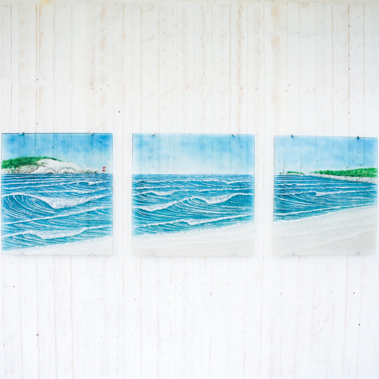 XL fused glass triptych wall art isle of wight & Old Harry's Rock