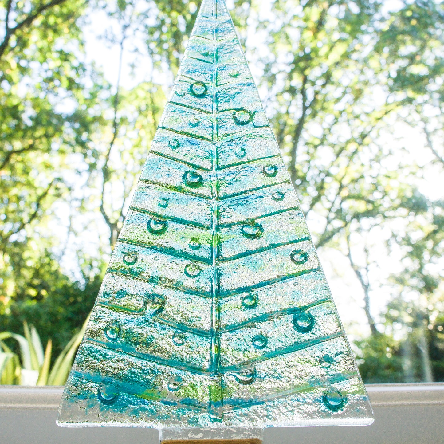 XL Lime Green&Blue Glass Christmas Tree Decoration - Freestanding - 32cm/12 1/2" with wooden block