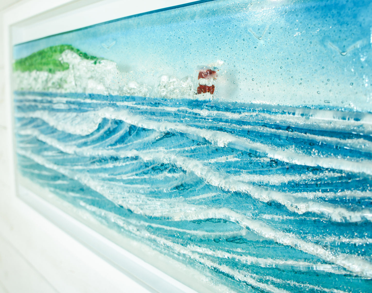 large glass wave wall art picture frame landscape panoramic lighthouse red white