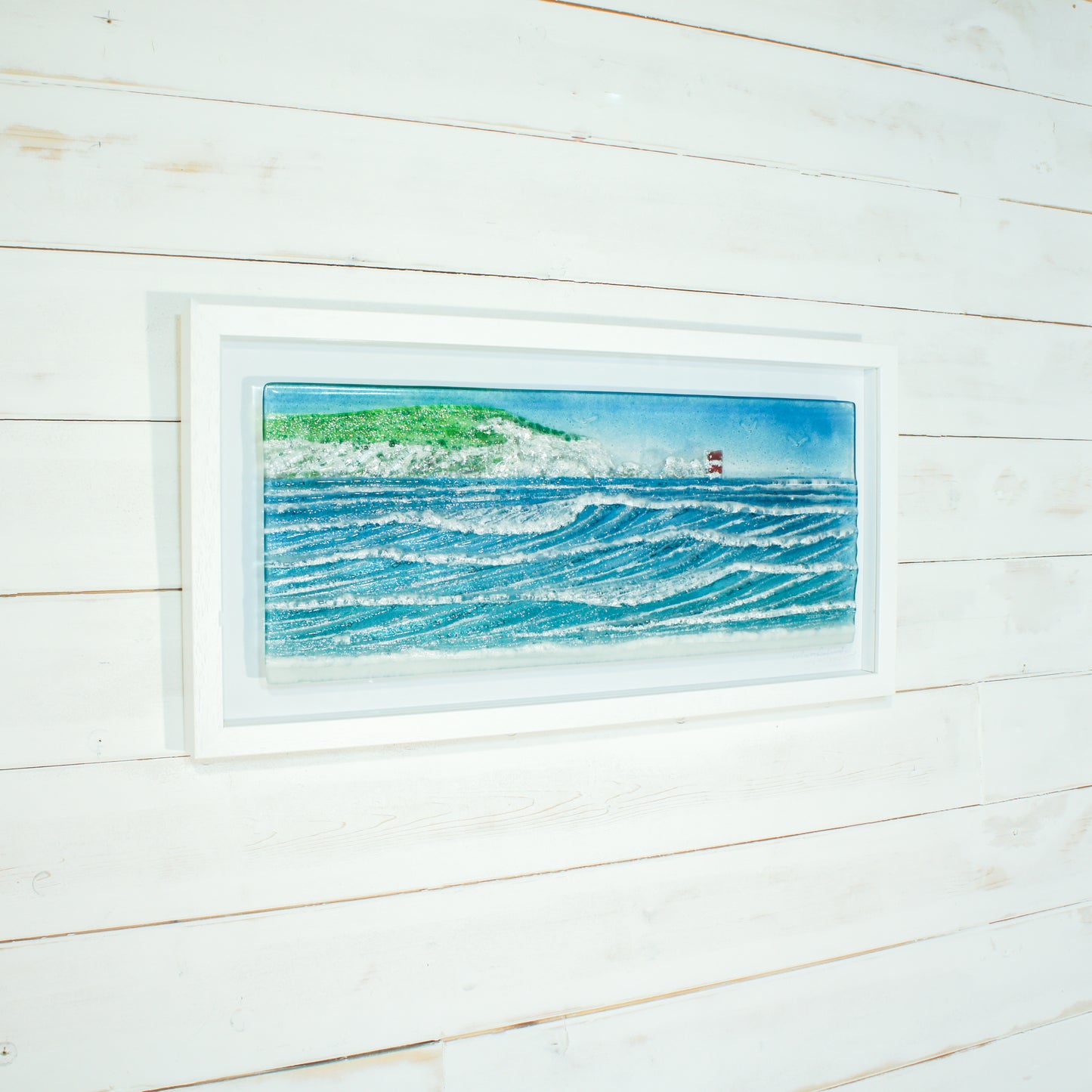 large glass wave wall art picture frame landscape panoramic lighthouse red white