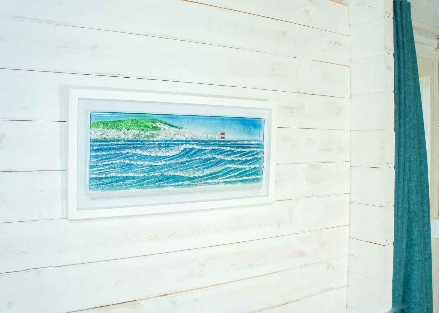 large glass wave wall art picture frame landscape panoramic lighthouse red white