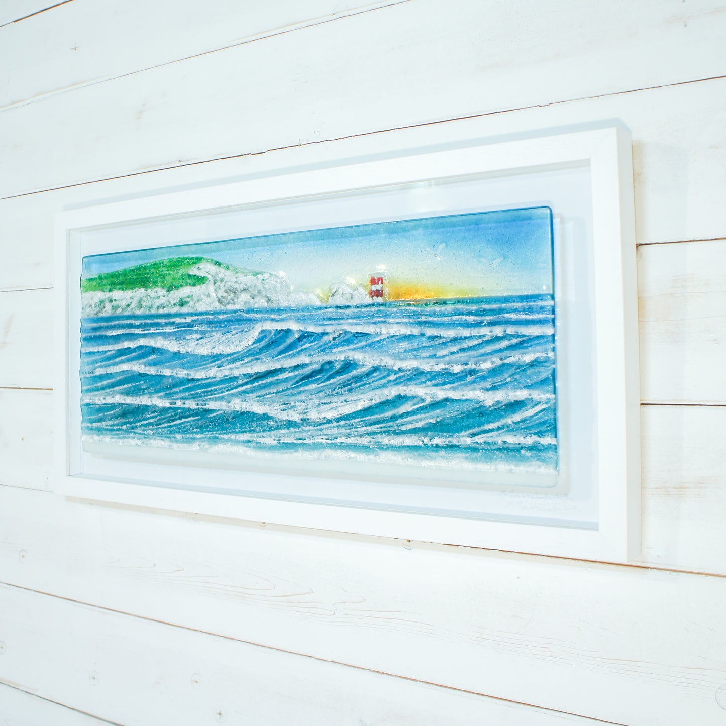 landscape wave lighthouse red white fused glass wall art frame