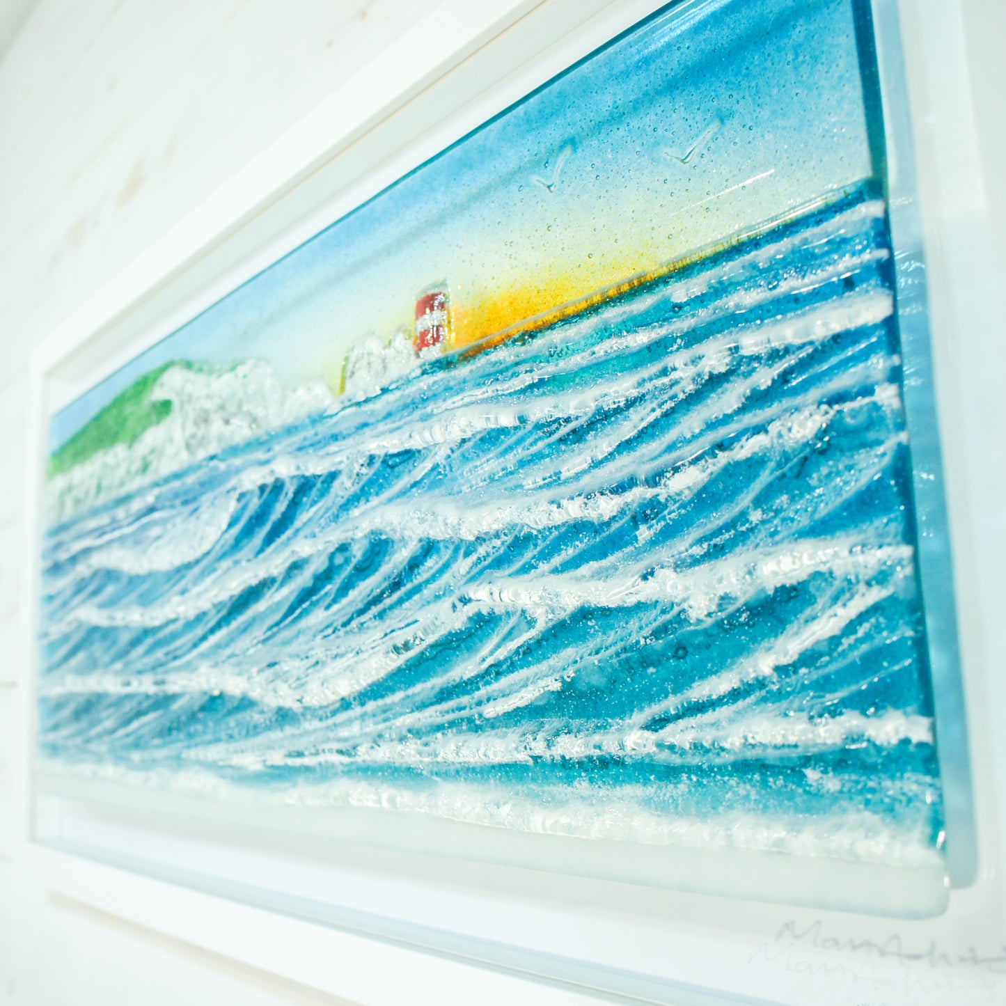 large glass wave wall art picture frame landscape panoramic lighthouse red white