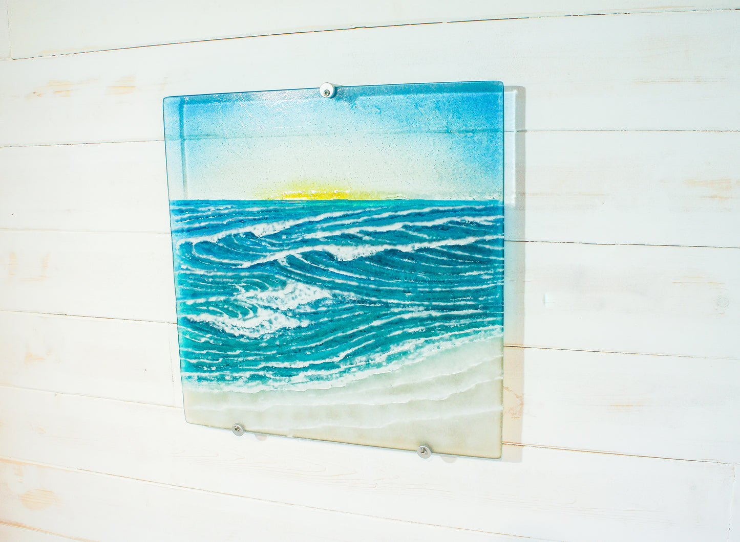 square wave fused glass sculpture wall art sunset 40cm