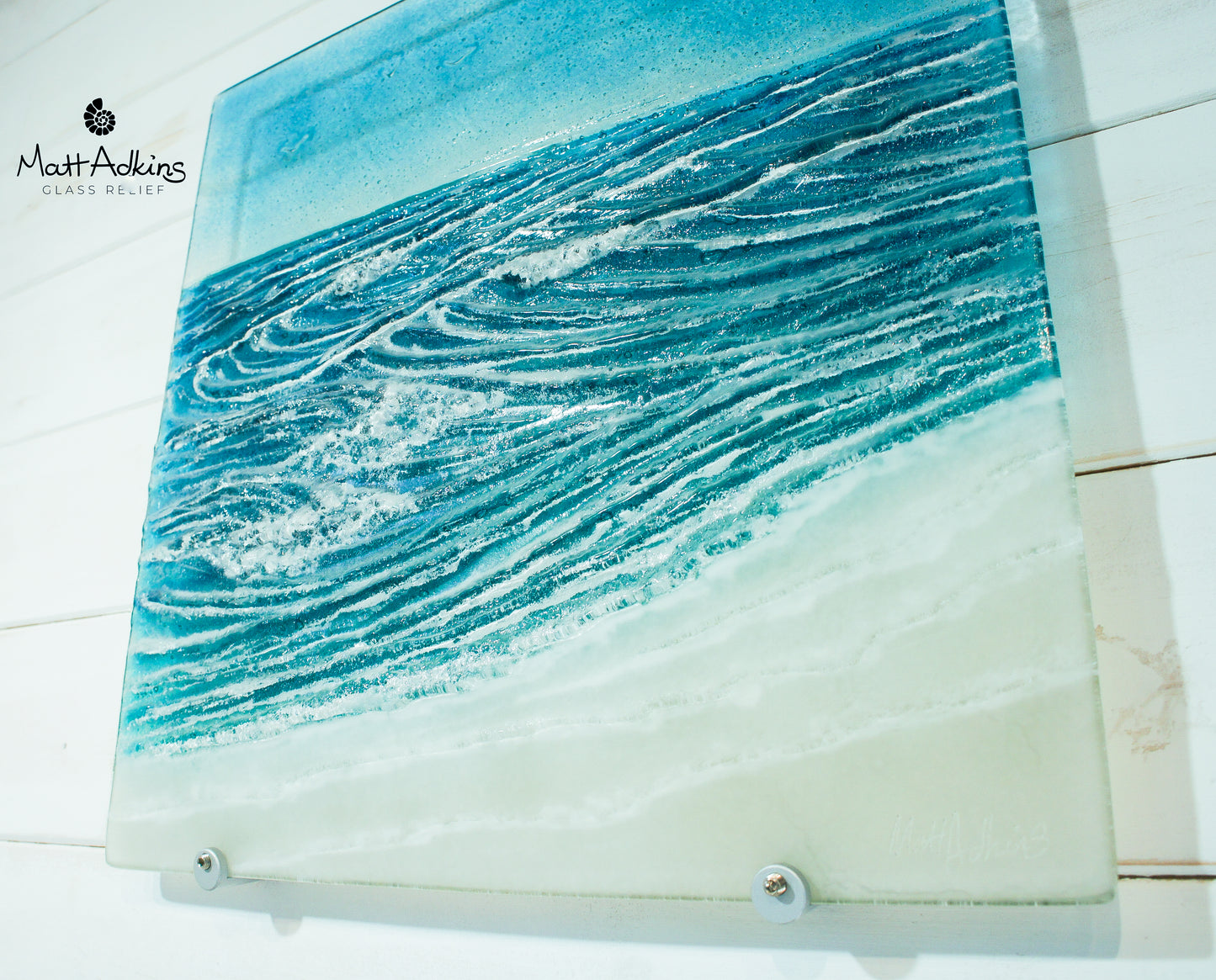 square coastal wave sculpture fused glass 40x40cm