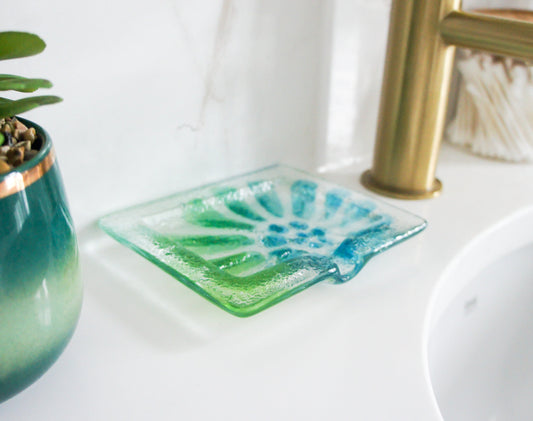 ammonite green blue fused glass handmade soap dish