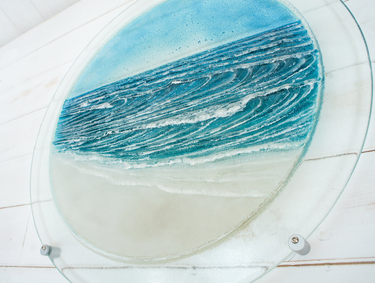 wave fused glass wall art porthole round panel 58cm