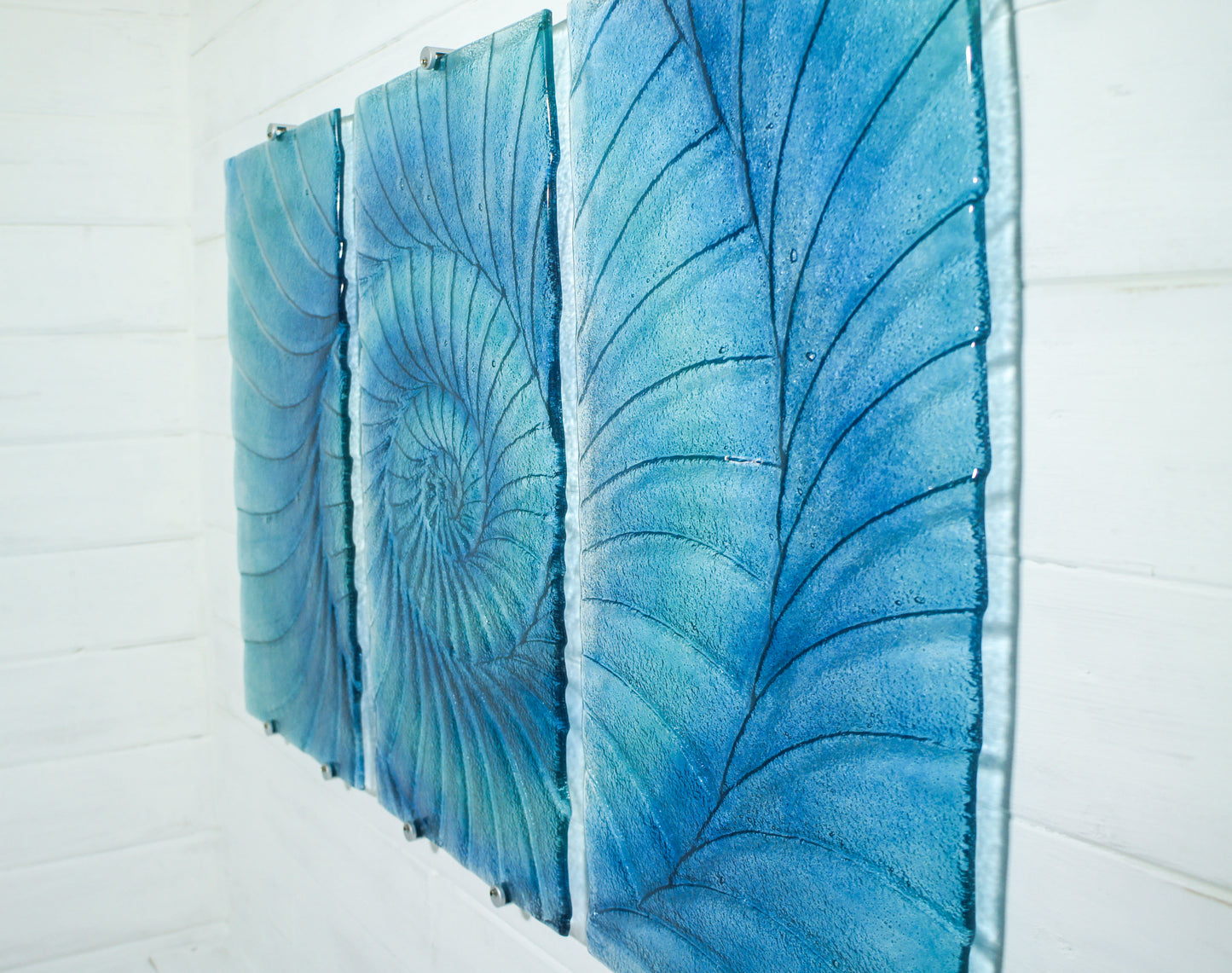 Triptych Ammonite Wall Art OVERALL 100x60cm (40x23") incl. gaps and 9 fixings - Blue/Turquoise/Midnight Blue - Each Panel 30x60cm (12x23") Large Portrait Fossil Fused Glass Wall Art