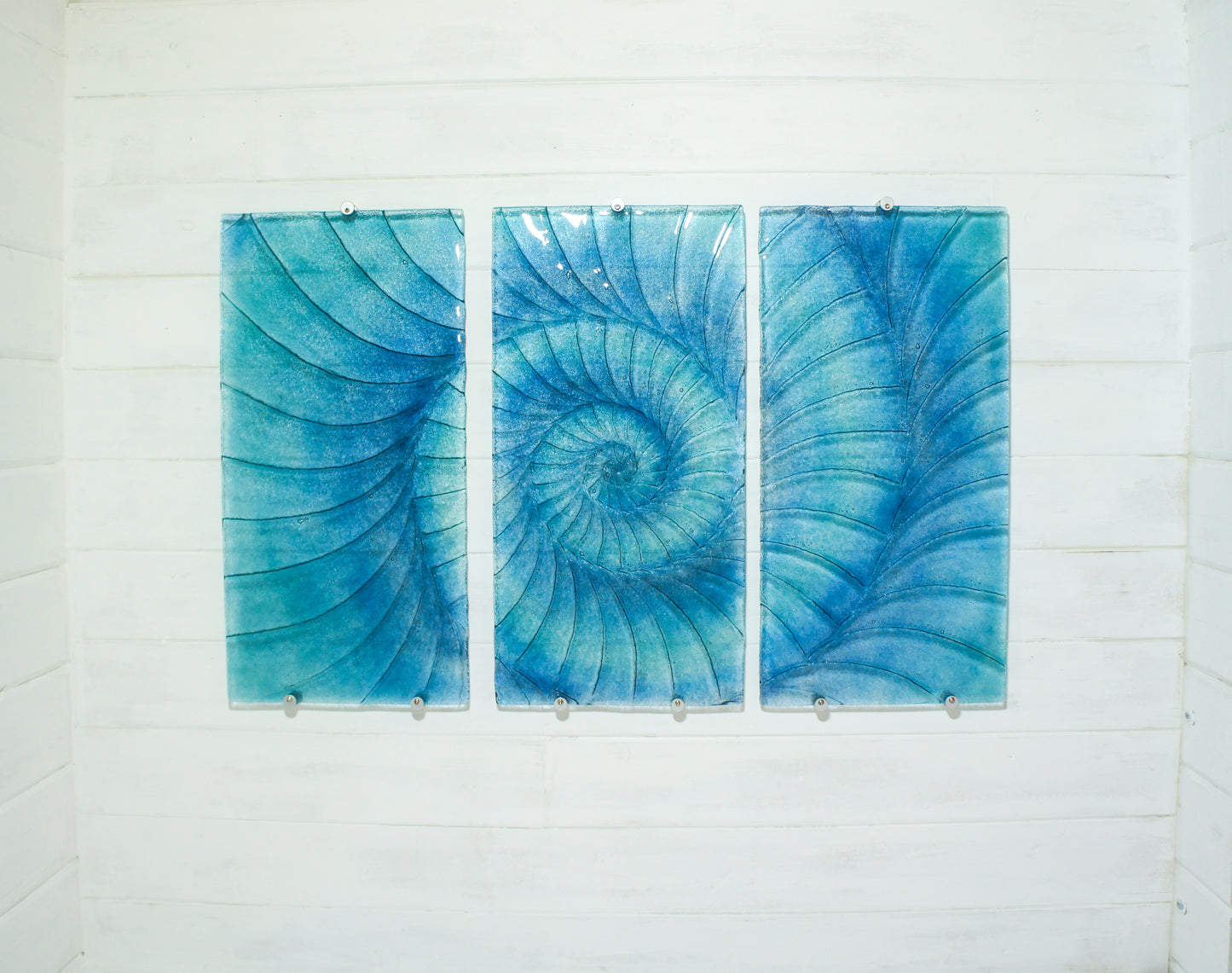 Triptych Ammonite Wall Art OVERALL 100x60cm (40x23") incl. gaps and 9 fixings - Blue/Turquoise/Midnight Blue - Each Panel 30x60cm (12x23") Large Portrait Fossil Fused Glass Wall Art