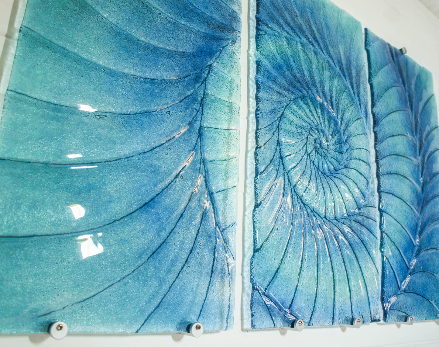 Triptych Ammonite Wall Art OVERALL 100x60cm (40x23") incl. gaps and 9 fixings - Blue/Turquoise/Midnight Blue - Each Panel 30x60cm (12x23") Large Portrait Fossil Fused Glass Wall Art