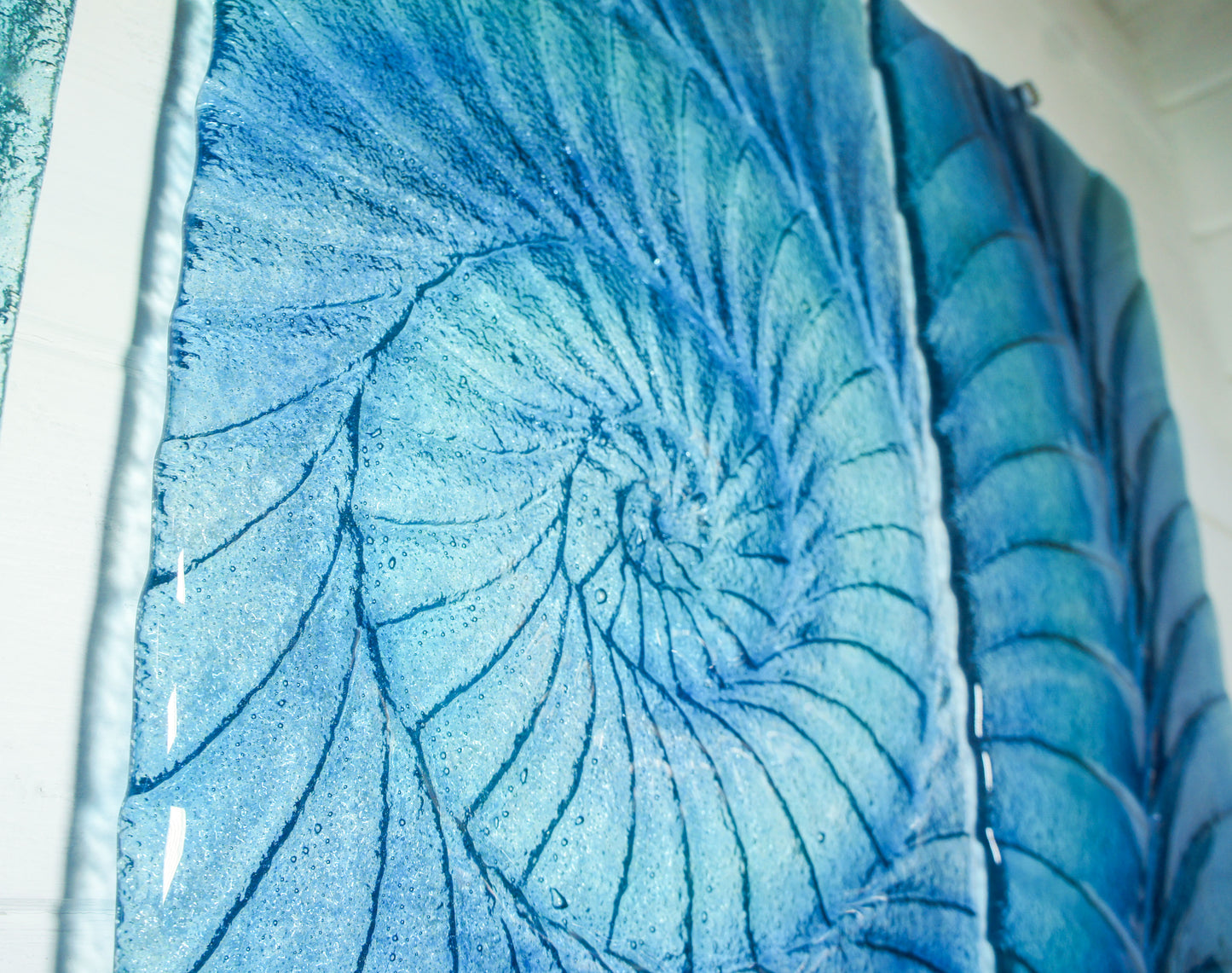 Triptych Ammonite Wall Art OVERALL 100x60cm (40x23") incl. gaps and 9 fixings - Blue/Turquoise/Midnight Blue - Each Panel 30x60cm (12x23") Large Portrait Fossil Fused Glass Wall Art