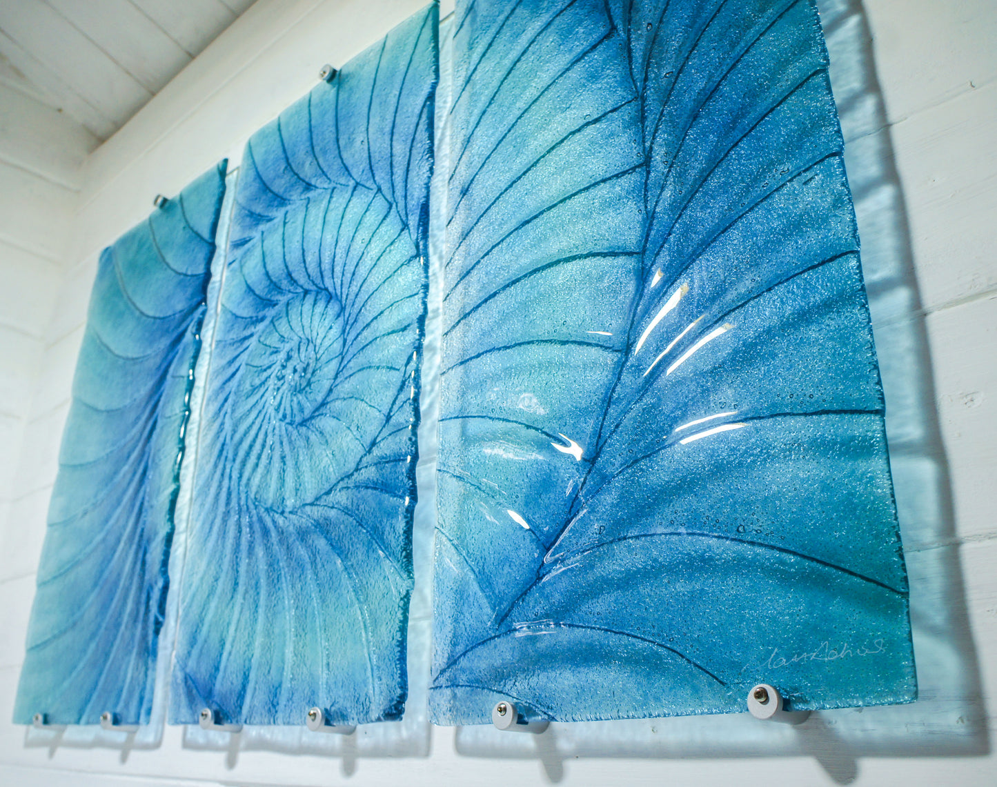 Triptych Ammonite Wall Art OVERALL 100x60cm (40x23") incl. gaps and 9 fixings - Blue/Turquoise/Midnight Blue - Each Panel 30x60cm (12x23") Large Portrait Fossil Fused Glass Wall Art