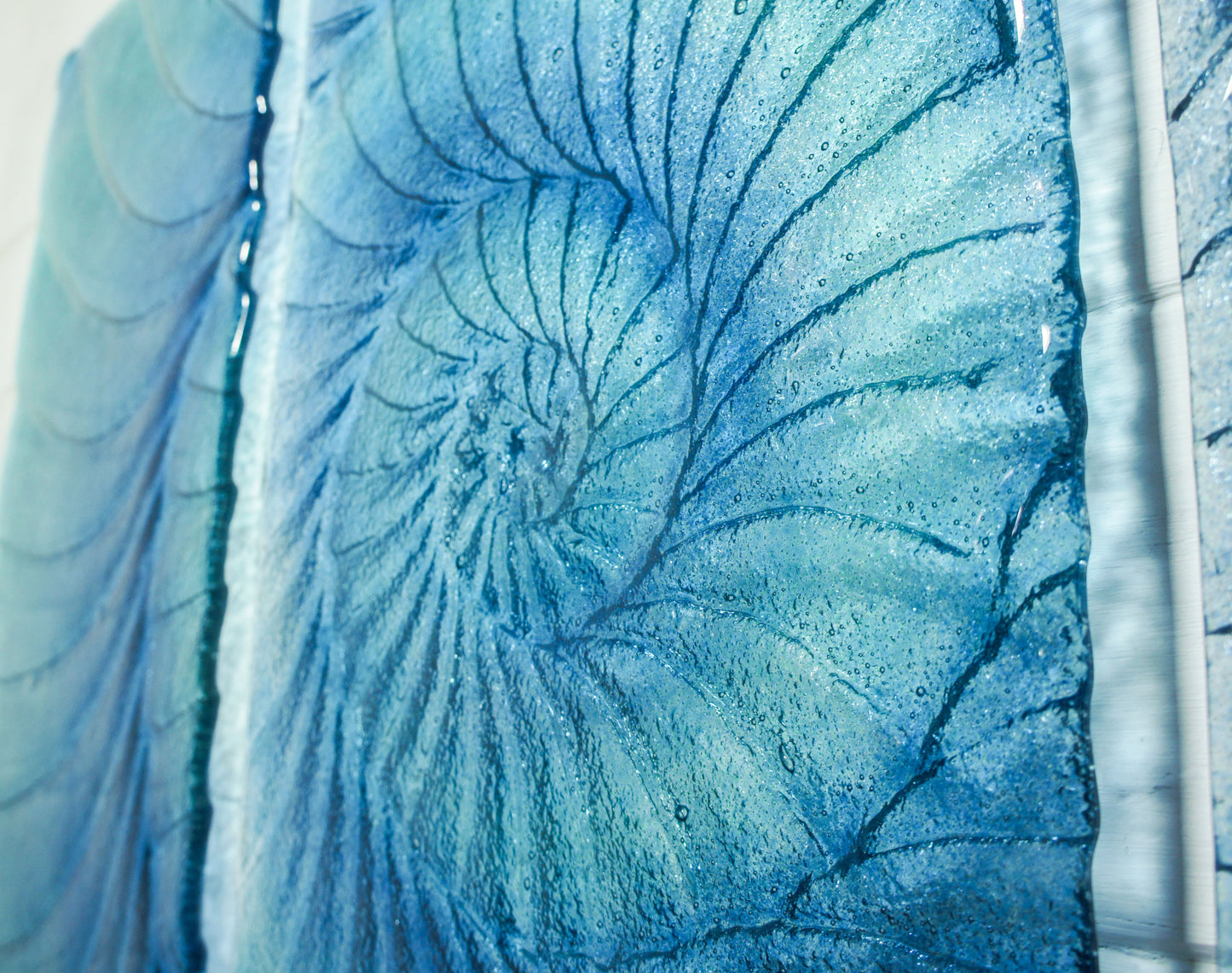 Triptych Ammonite Wall Art OVERALL 100x60cm (40x23") incl. gaps and 9 fixings - Blue/Turquoise/Midnight Blue - Each Panel 30x60cm (12x23") Large Portrait Fossil Fused Glass Wall Art