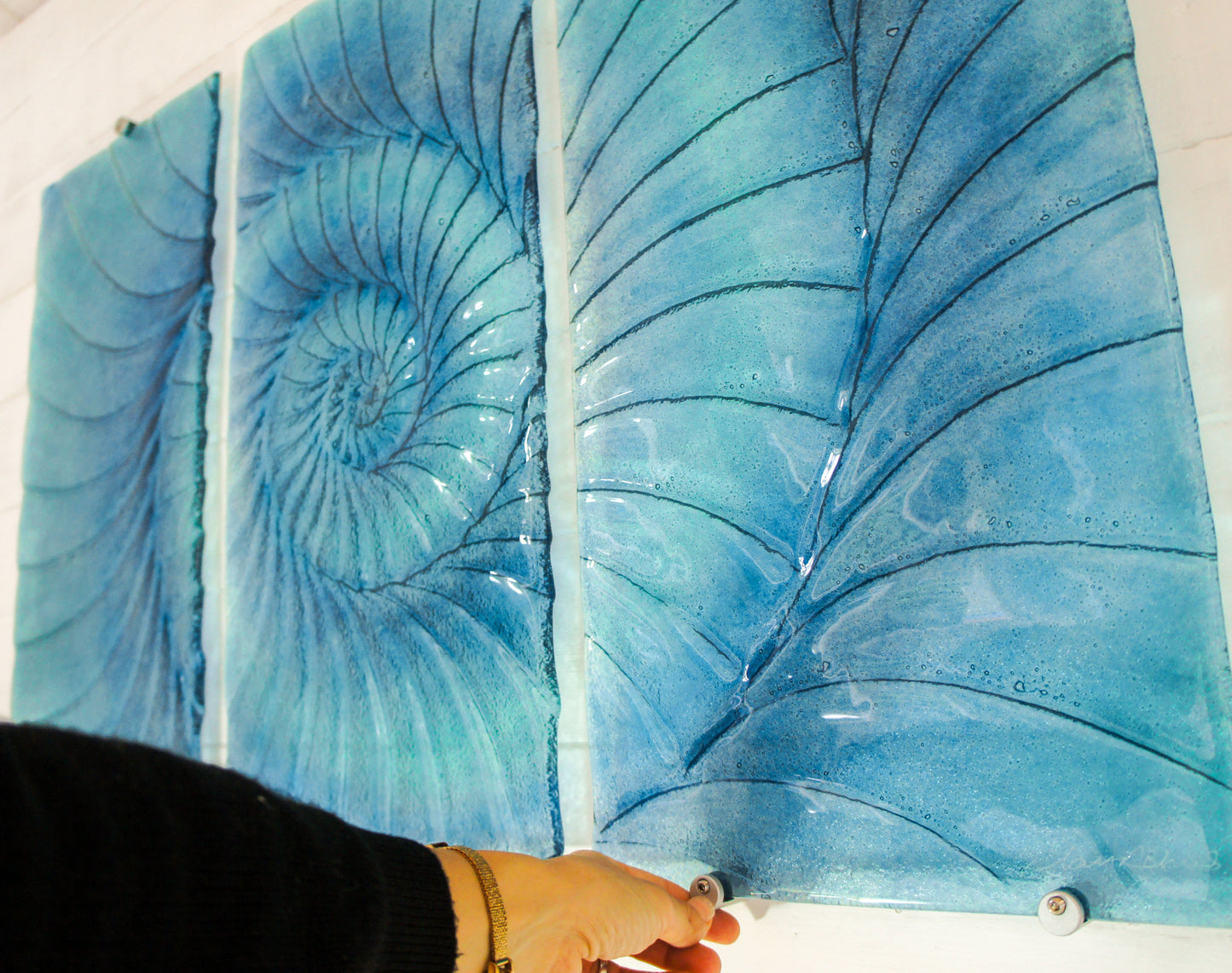 Triptych Ammonite Wall Art OVERALL 100x60cm (40x23") incl. gaps and 9 fixings - Blue/Turquoise/Midnight Blue - Each Panel 30x60cm (12x23") Large Portrait Fossil Fused Glass Wall Art