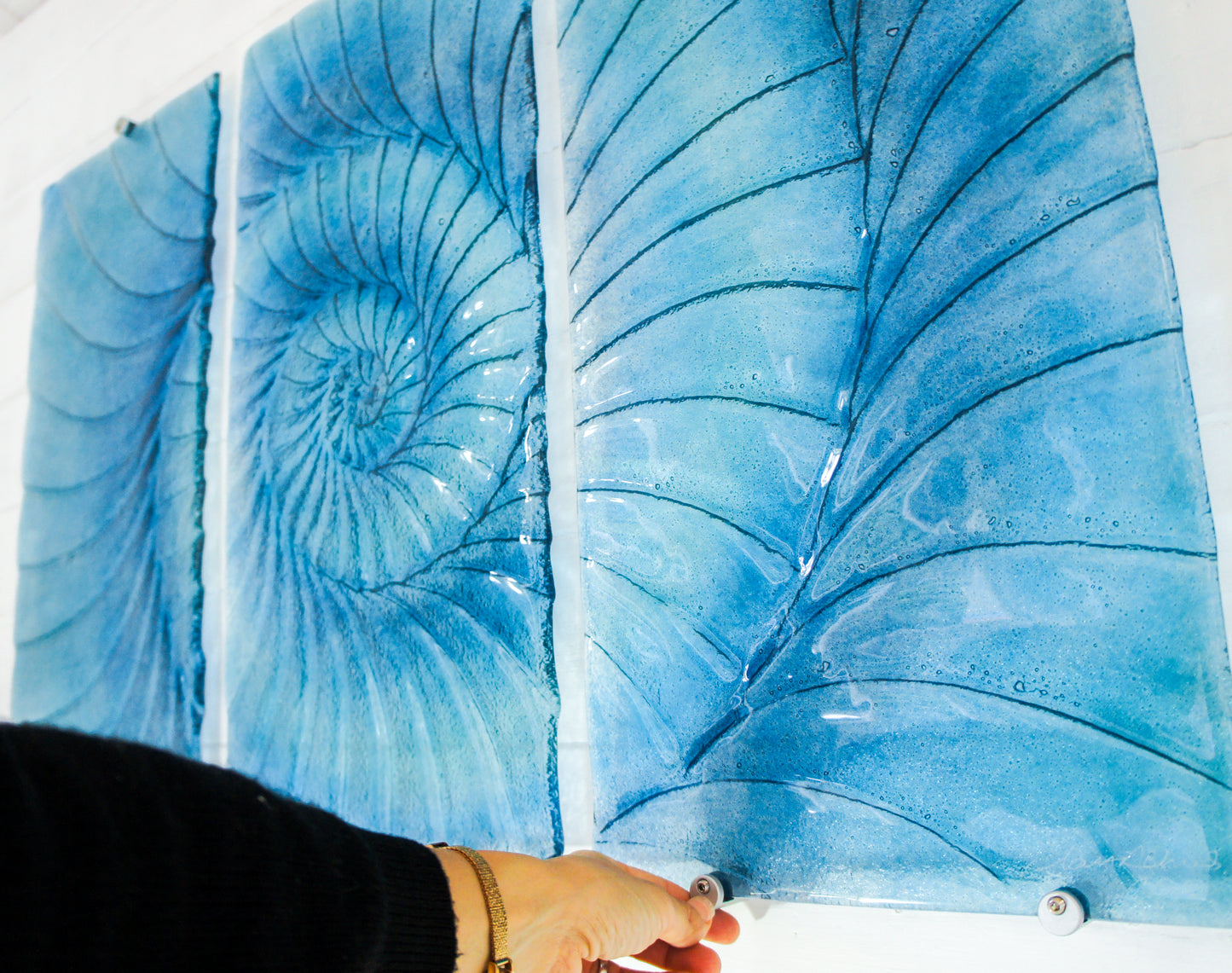 Triptych Ammonite Wall Art OVERALL 100x60cm (40x23") incl. gaps and 9 fixings - Blue/Turquoise/Midnight Blue - Each Panel 30x60cm (12x23") Large Portrait Fossil Fused Glass Wall Art