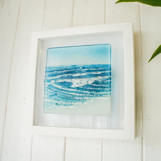 fused glass wall art frame wave sea blue turquoise square